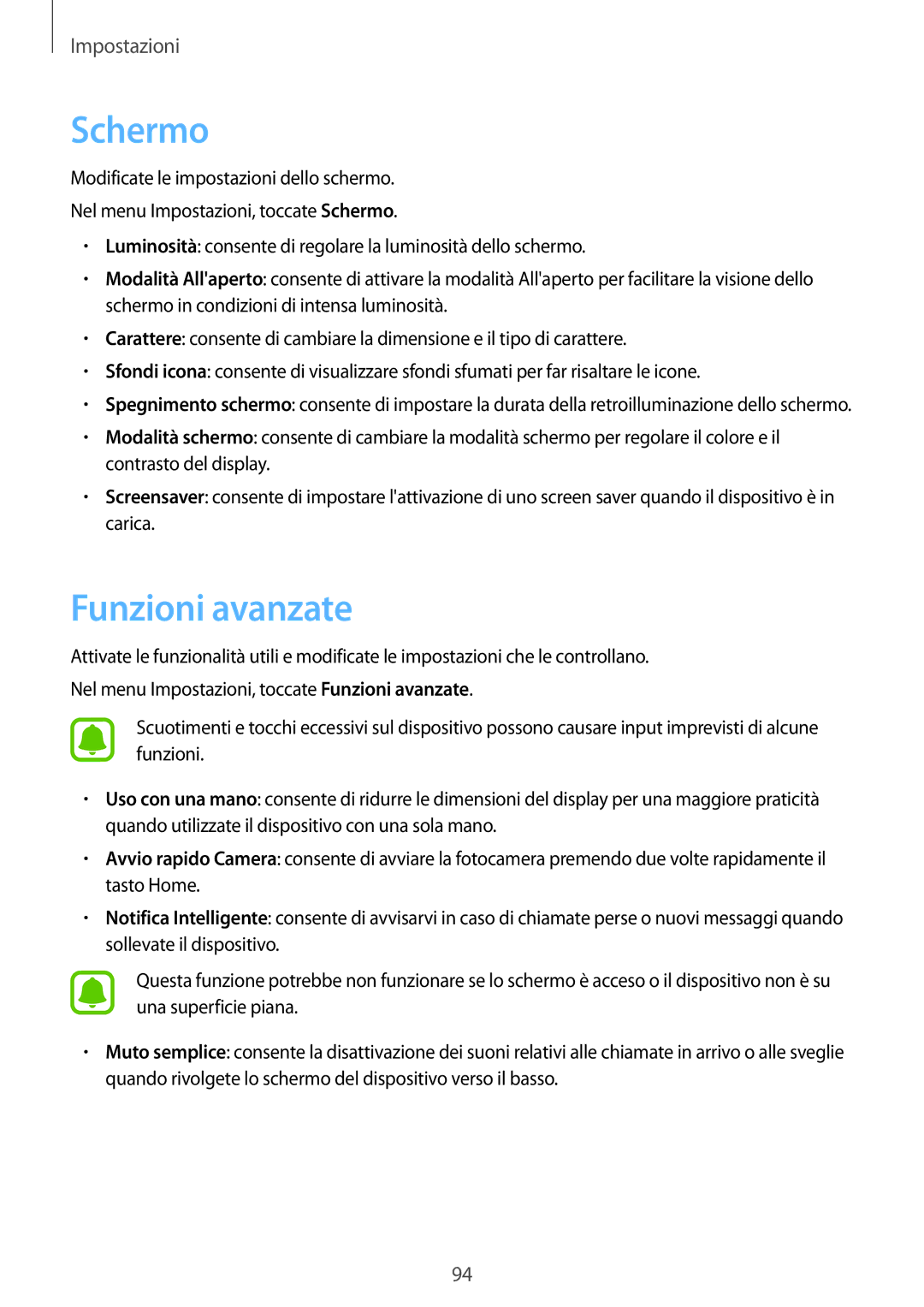 Samsung SM-J510FZKNITV, SM-J510FZWNITV, SM-J710FZWNITV, SM-J710FZKNITV, SM-J510FZWUITV manual Schermo, Funzioni avanzate 