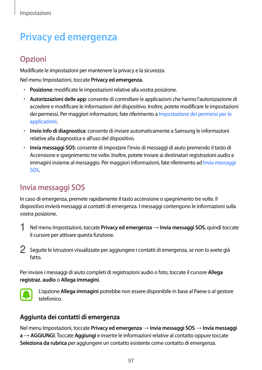 Samsung SM-J510FZKUITV, SM-J510FZWNITV manual Privacy ed emergenza, Invia messaggi SOS, Aggiunta dei contatti di emergenza 