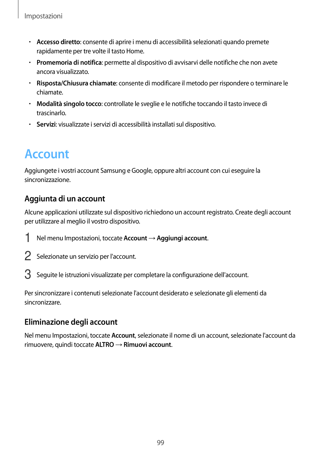 Samsung SM-J510FZWNITV, SM-J710FZWNITV, SM-J710FZKNITV manual Account, Aggiunta di un account, Eliminazione degli account 