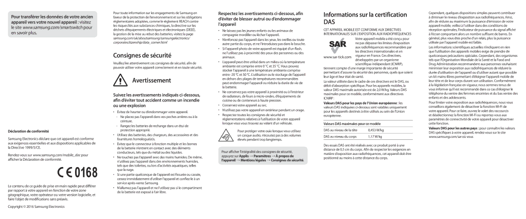 Samsung SM-J510FZKNXEF Consignes de sécurité, Avertissement, Informations sur la certification, Déclaration de conformité 