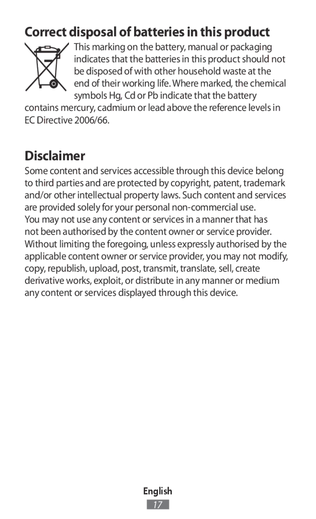 Samsung SM-T715NZKEDBT, SM-J530FZDATCL, SM-J530FZSAEUR manual Disclaimer, Correct disposal of batteries in this product 