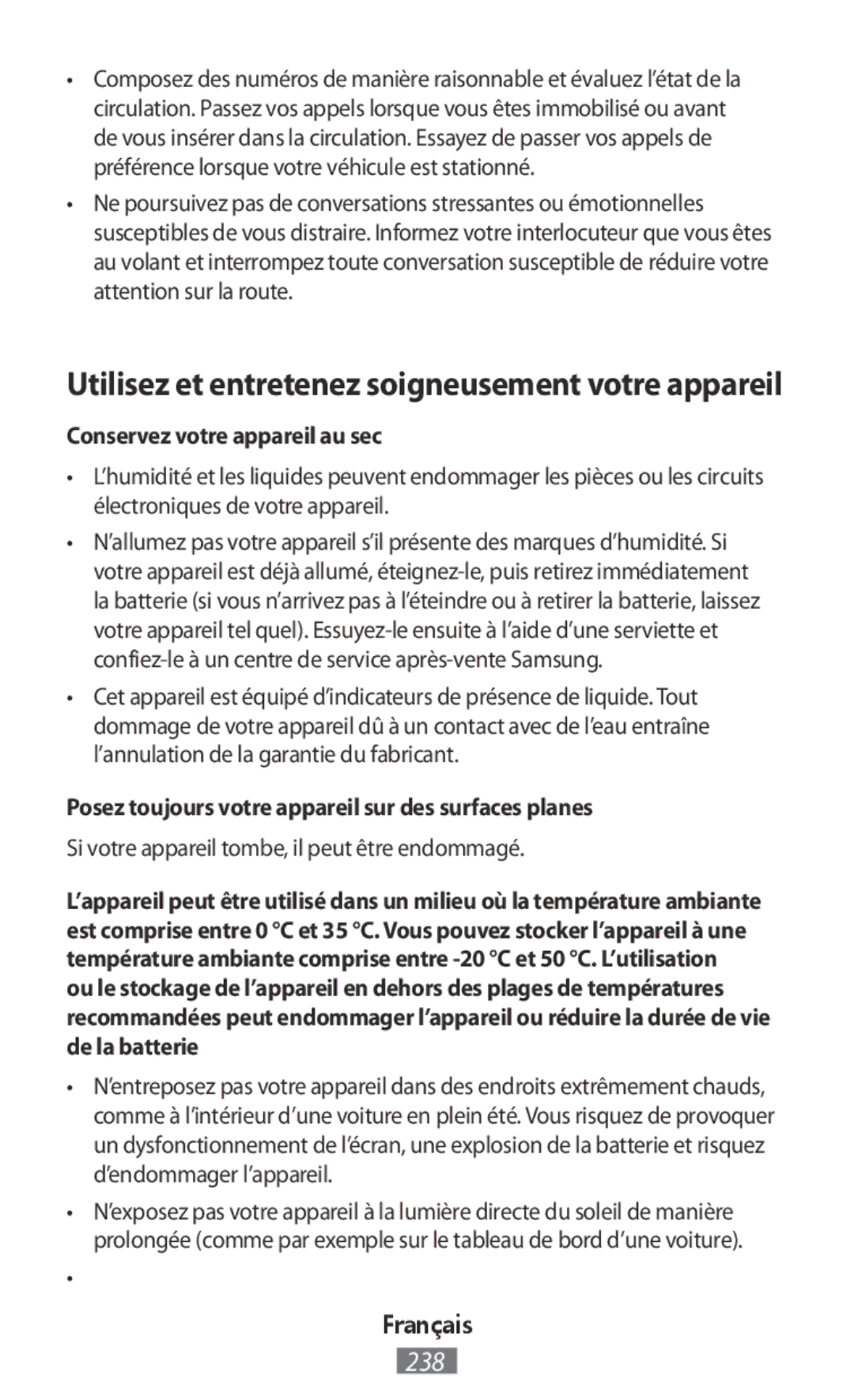 Samsung SM-J530FZDABGL manual Utilisez et entretenez soigneusement votre appareil, Conservez votre appareil au sec 