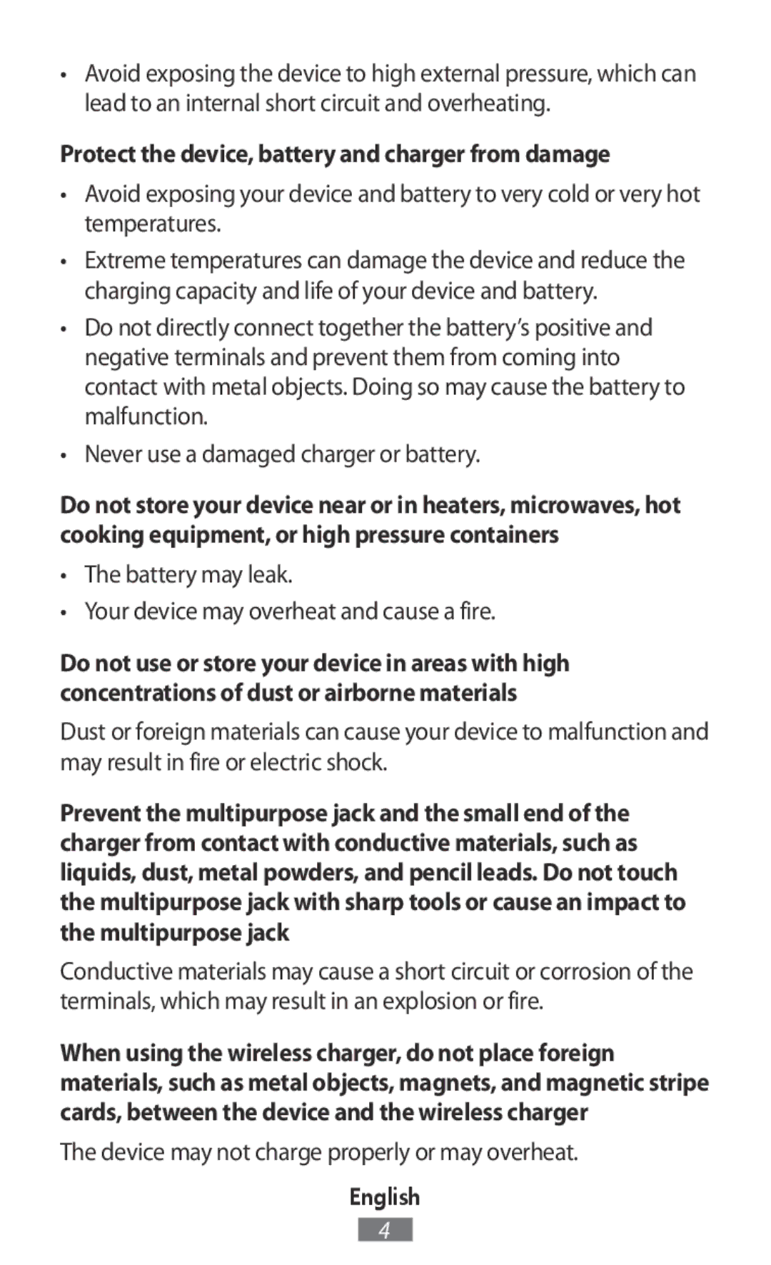 Samsung SM-J530FZSACOS Protect the device, battery and charger from damage, Device may not charge properly or may overheat 