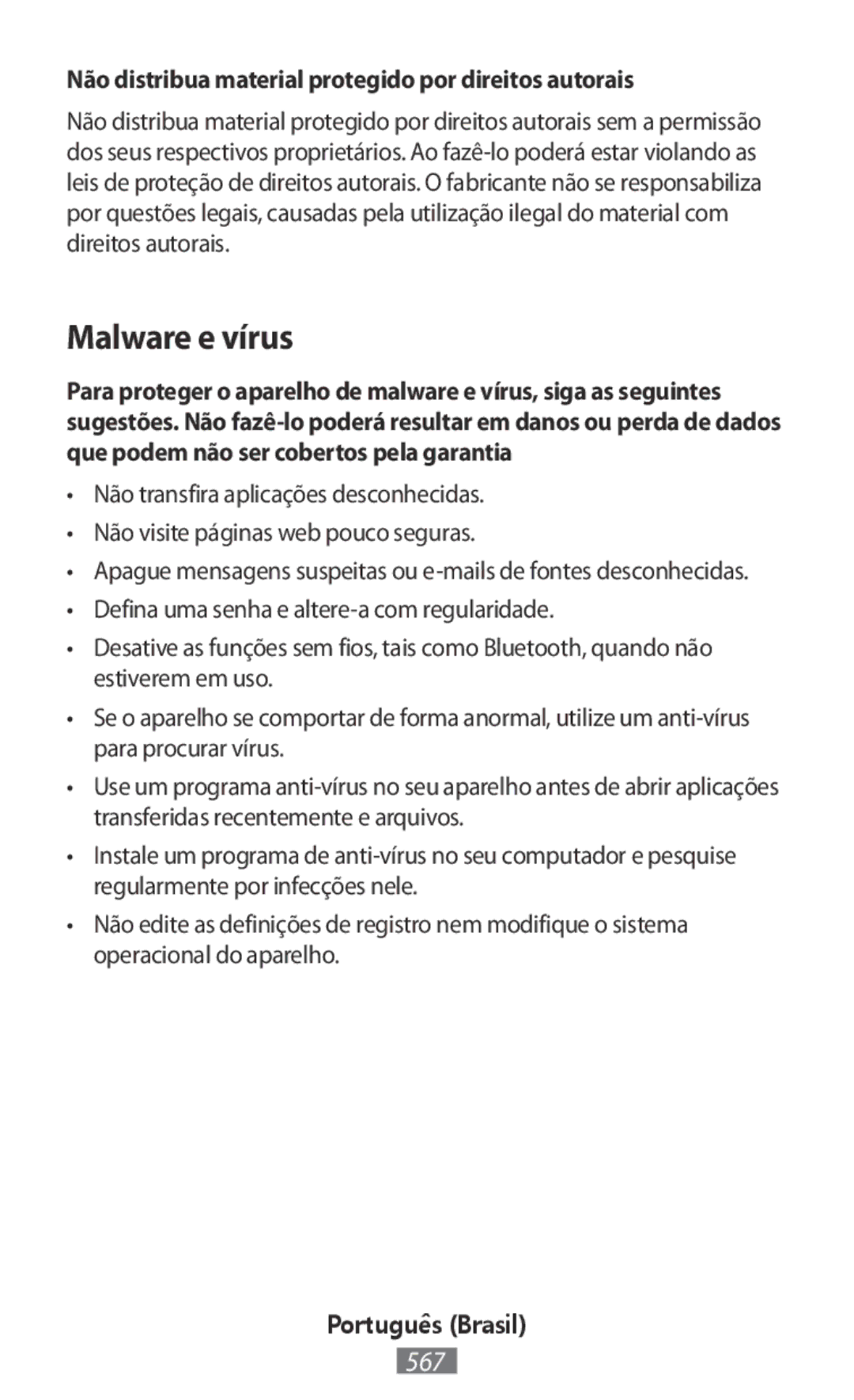 Samsung SM-T813NZKEPHN, SM-J530FZDATCL manual Malware e vírus, Não distribua material protegido por direitos autorais 