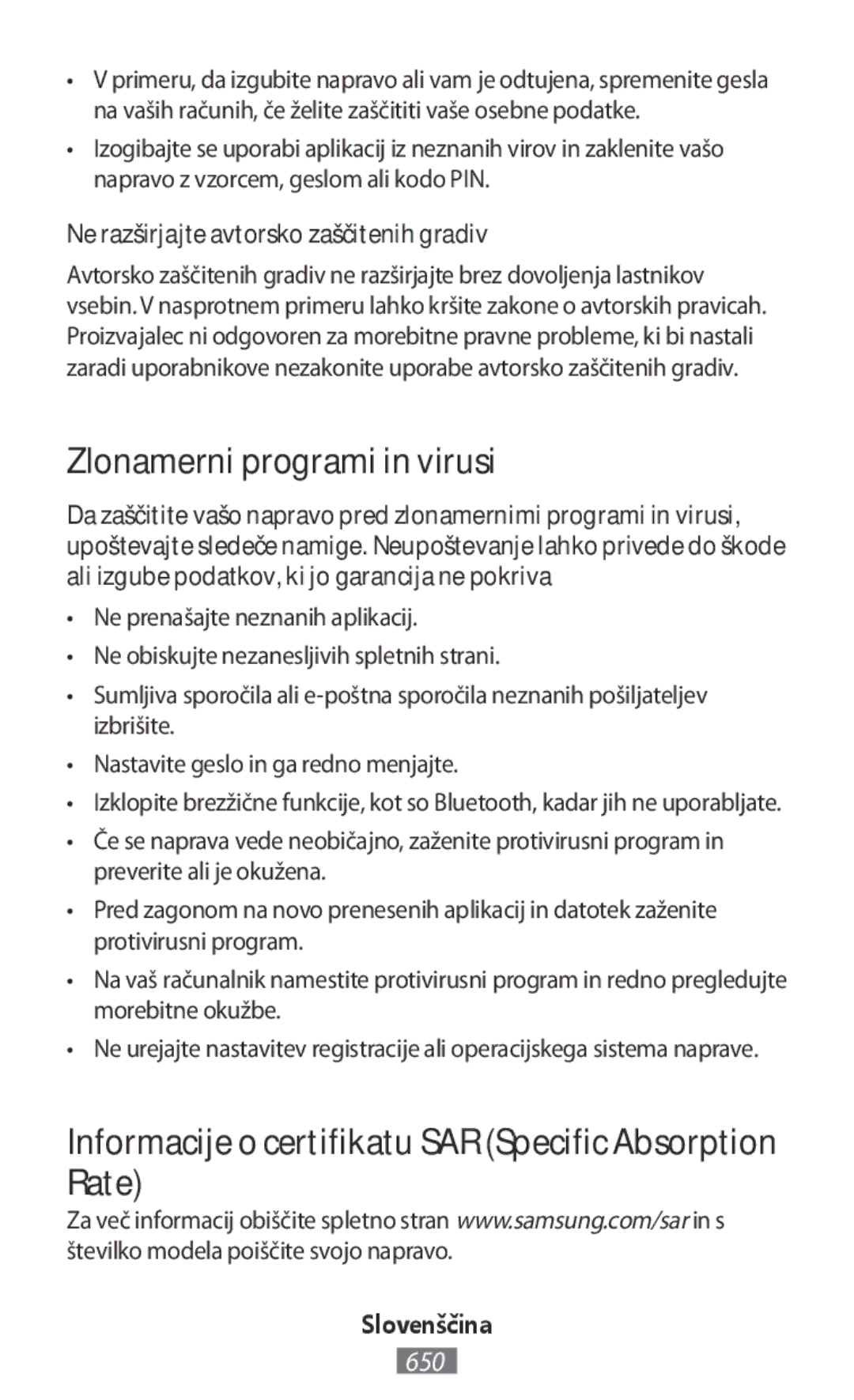 Samsung SM-T710NZKEPHE manual Zlonamerni programi in virusi, Informacije o certifikatu SAR Specific Absorption Rate 