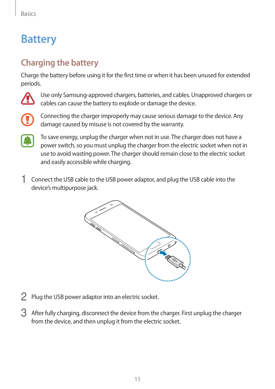 Samsung SM-J530FZKDDBT, SM-J530FZDATCL, SM-J530FZSAEUR, SM-J530FZSADDE, SM-J530FZKAEUR manual Battery, Charging the battery 