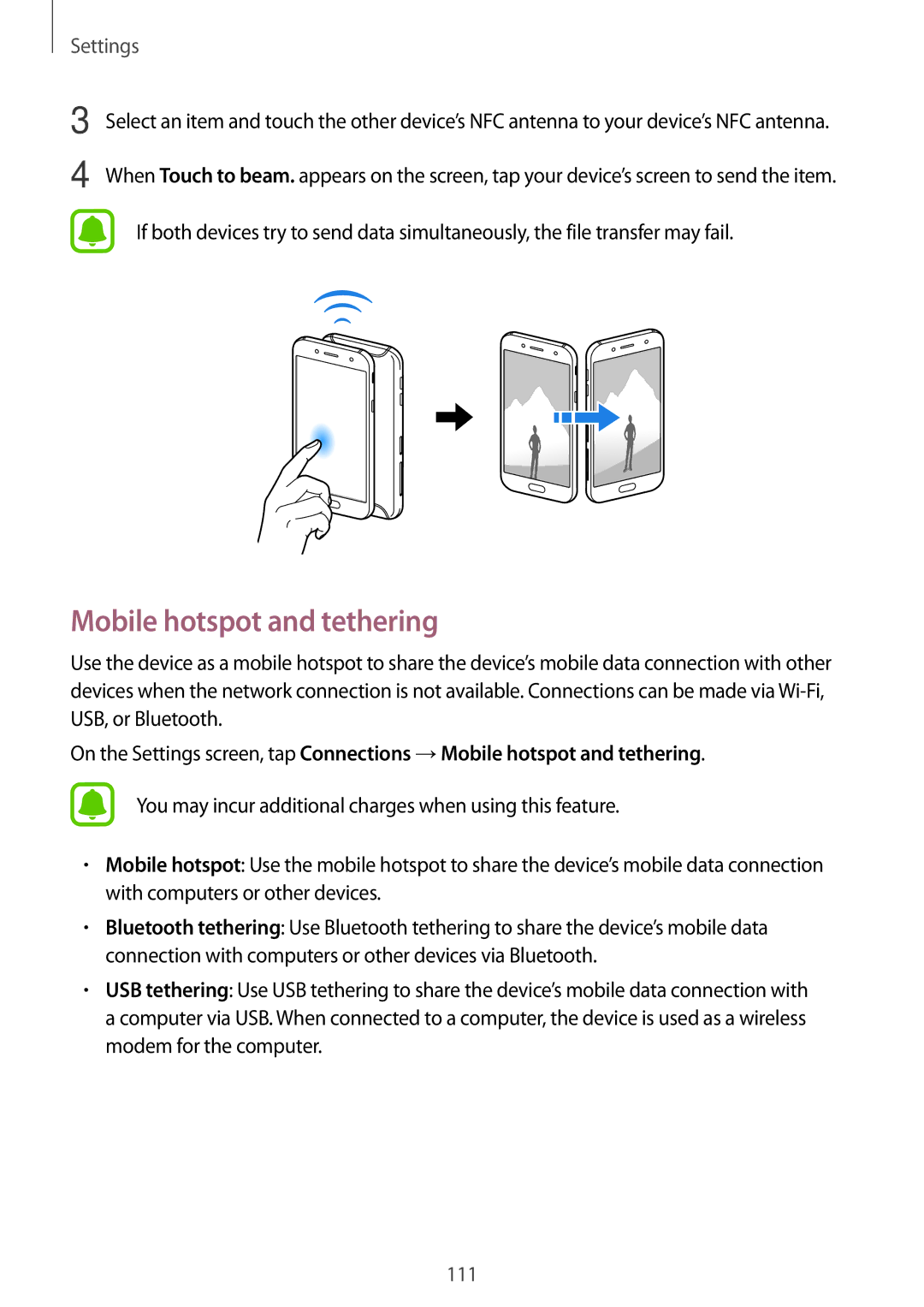 Samsung SM-J730FZKDXEH, SM-J530FZDATCL, SM-J530FZSAEUR, SM-J530FZSADDE, SM-J530FZKAEUR manual Mobile hotspot and tethering 