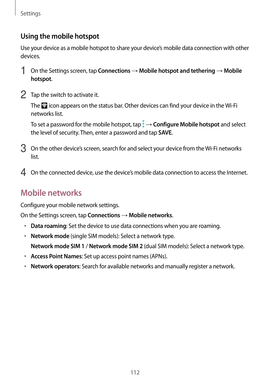 Samsung SM-J530FZDATMH, SM-J530FZDATCL, SM-J530FZSAEUR, SM-J530FZSADDE manual Mobile networks, Using the mobile hotspot 