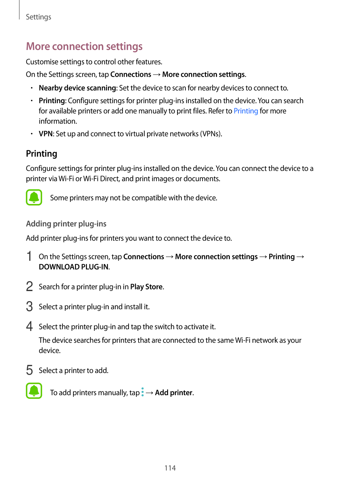 Samsung SM-J730FZSDXEH, SM-J530FZDATCL, SM-J530FZSAEUR, SM-J530FZSADDE, SM-J530FZKAEUR More connection settings, Printing 