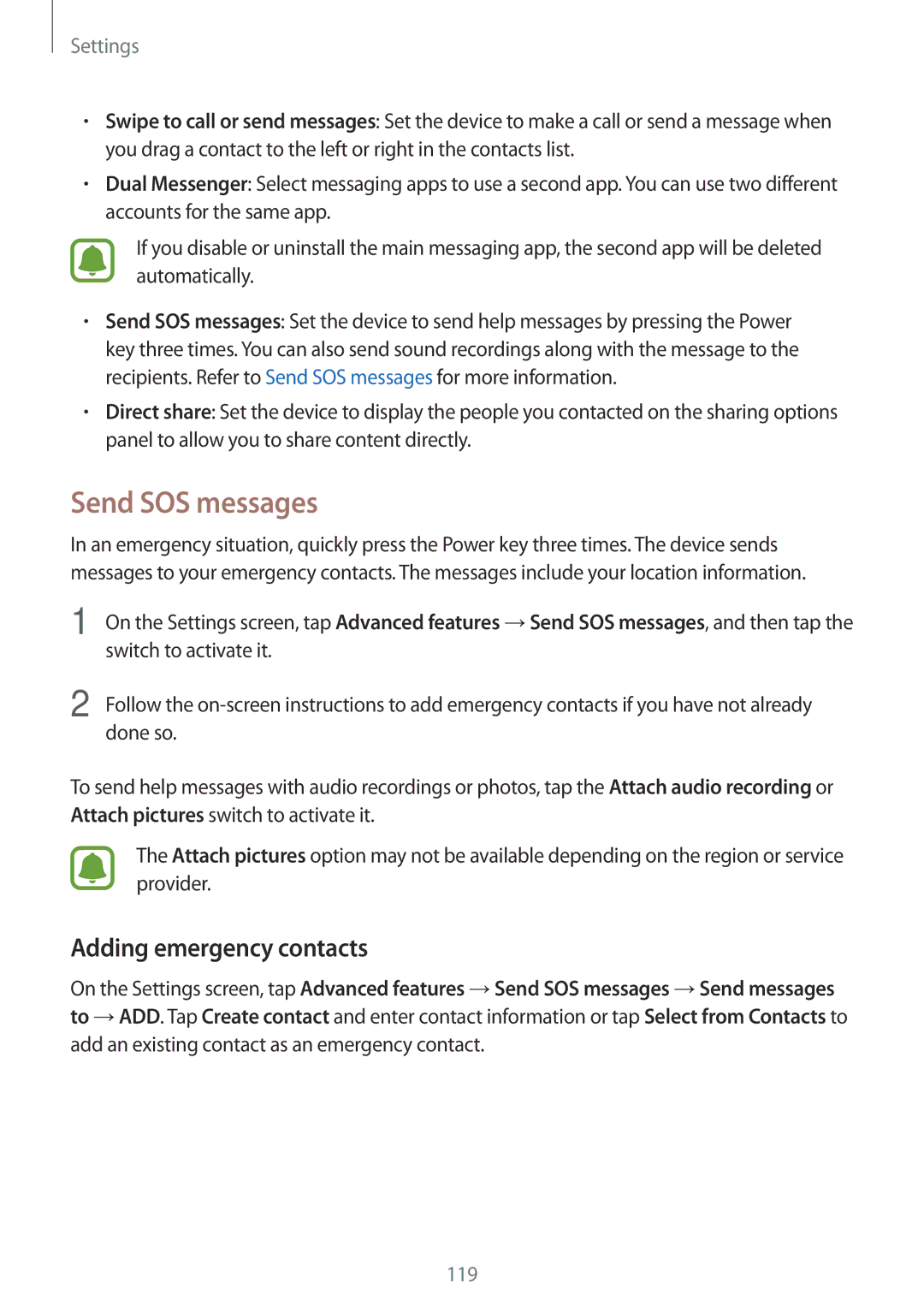 Samsung SM2J530FZKADDE, SM-J530FZDATCL, SM-J530FZSAEUR, SM-J530FZSADDE manual Send SOS messages, Adding emergency contacts 