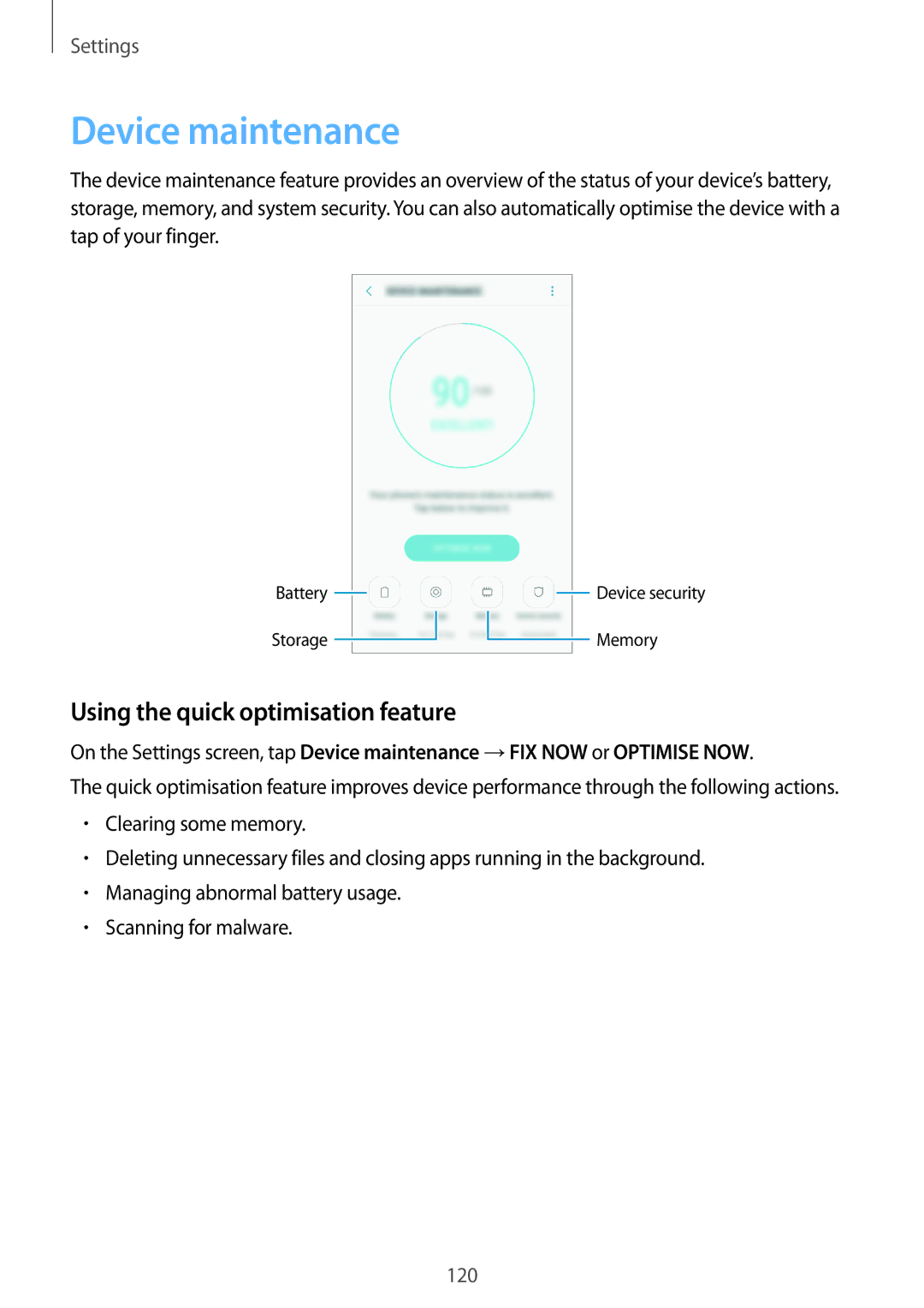 Samsung SM-J530FZSACOS, SM-J530FZDATCL, SM-J530FZSAEUR manual Device maintenance, Using the quick optimisation feature 