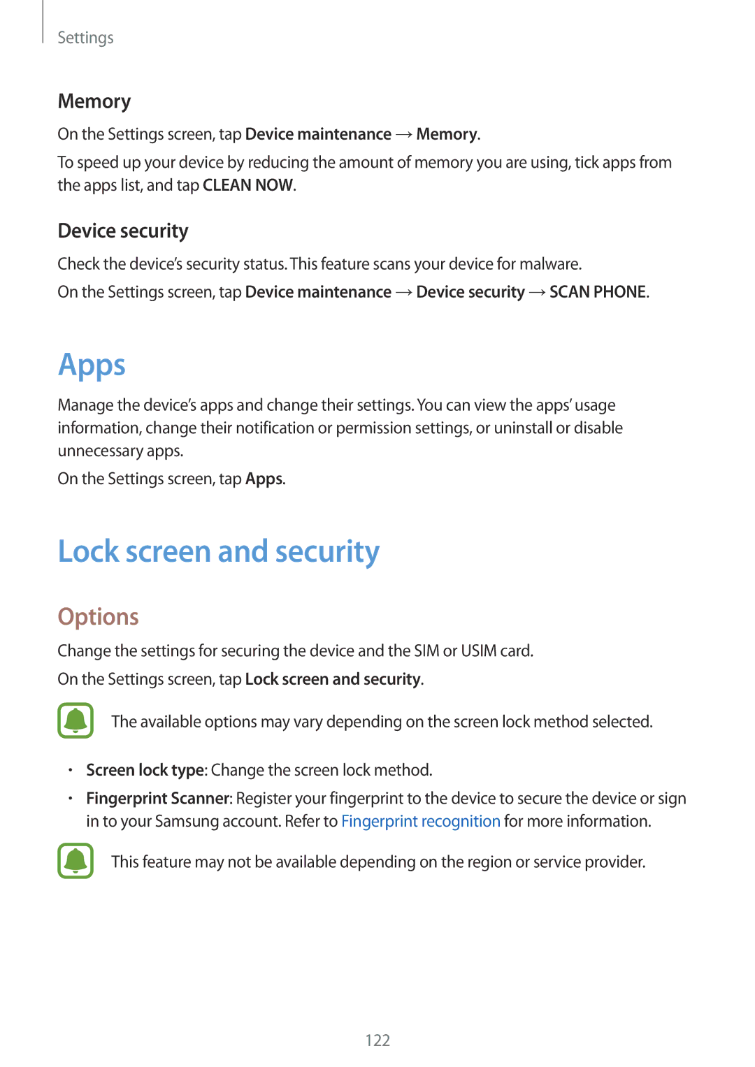 Samsung SM-J530FZKADDE, SM-J530FZDATCL, SM-J530FZSAEUR manual Apps, Lock screen and security, Memory, Device security 