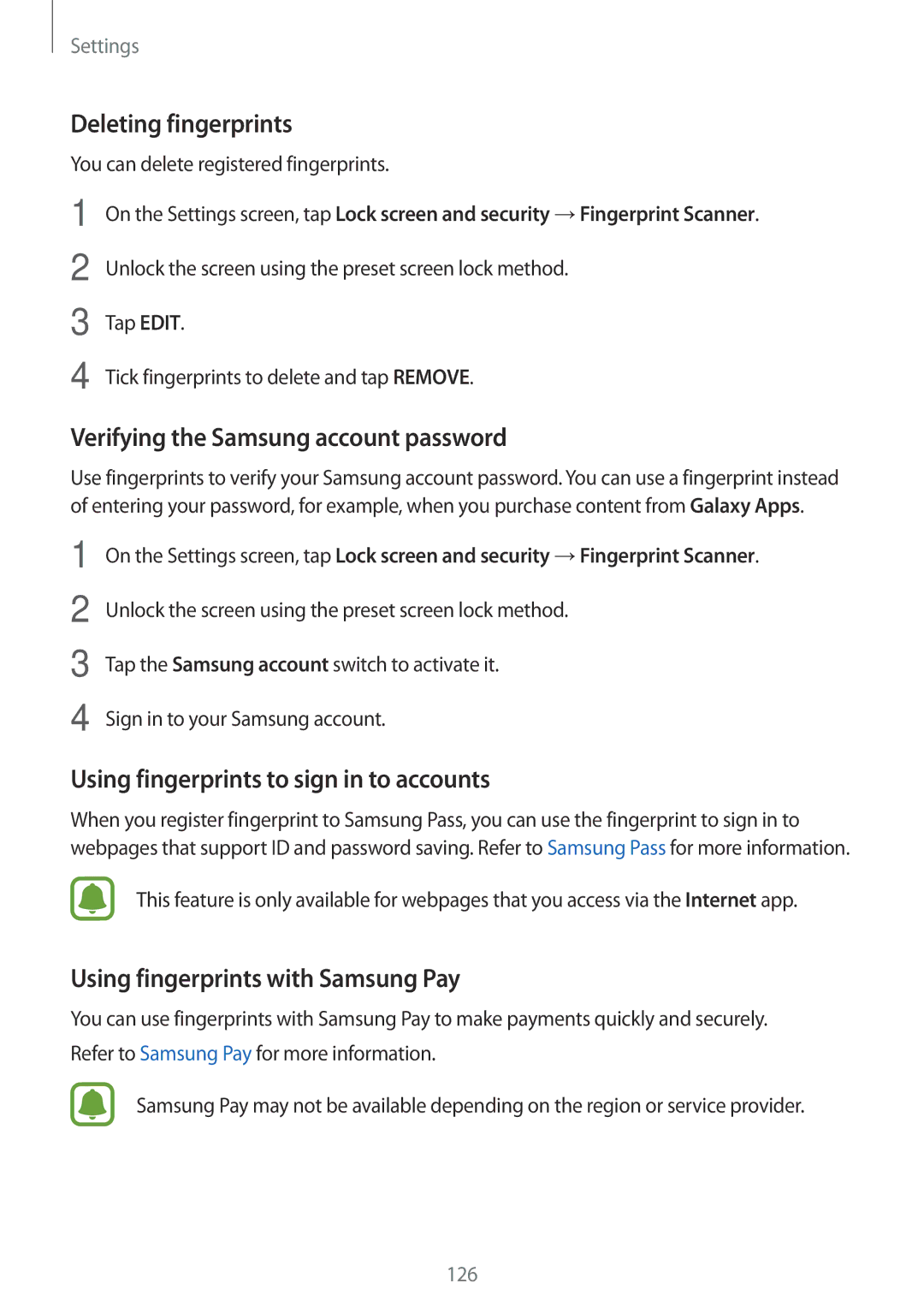 Samsung SM-J530FZKDDBT Deleting fingerprints, Verifying the Samsung account password, Using fingerprints with Samsung Pay 