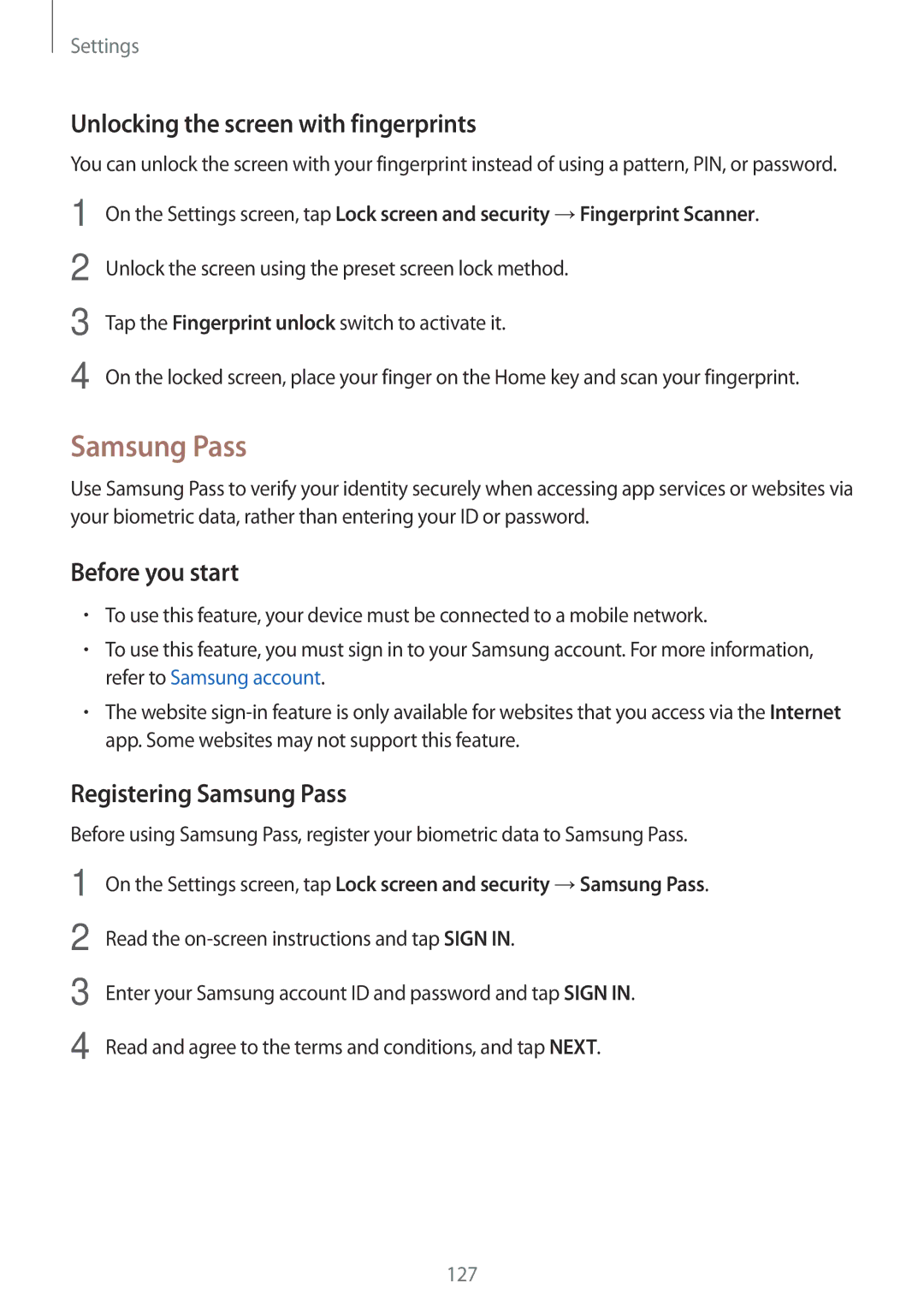 Samsung SM-J730FZKDDBT, SM-J530FZDATCL, SM-J530FZSAEUR Unlocking the screen with fingerprints, Registering Samsung Pass 