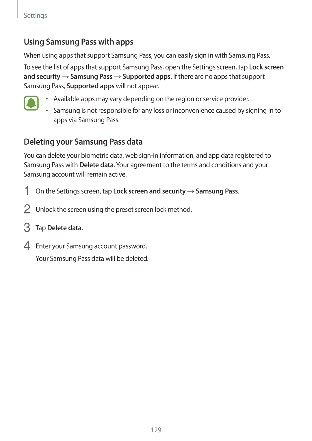 Samsung SM-J530FZDDDBT, SM-J530FZDATCL manual Using Samsung Pass with apps, Deleting your Samsung Pass data, Tap Delete data 