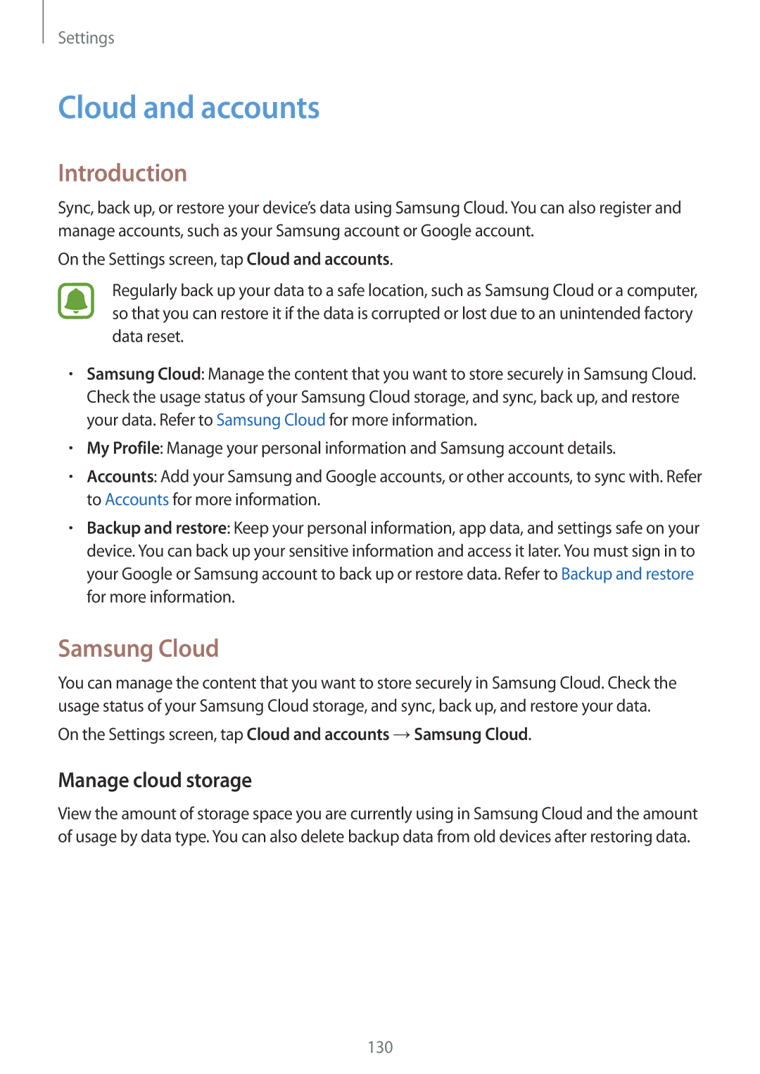 Samsung SM-J530FZSDDBT, SM-J530FZDATCL, SM-J530FZSAEUR manual Cloud and accounts, Samsung Cloud, Manage cloud storage 