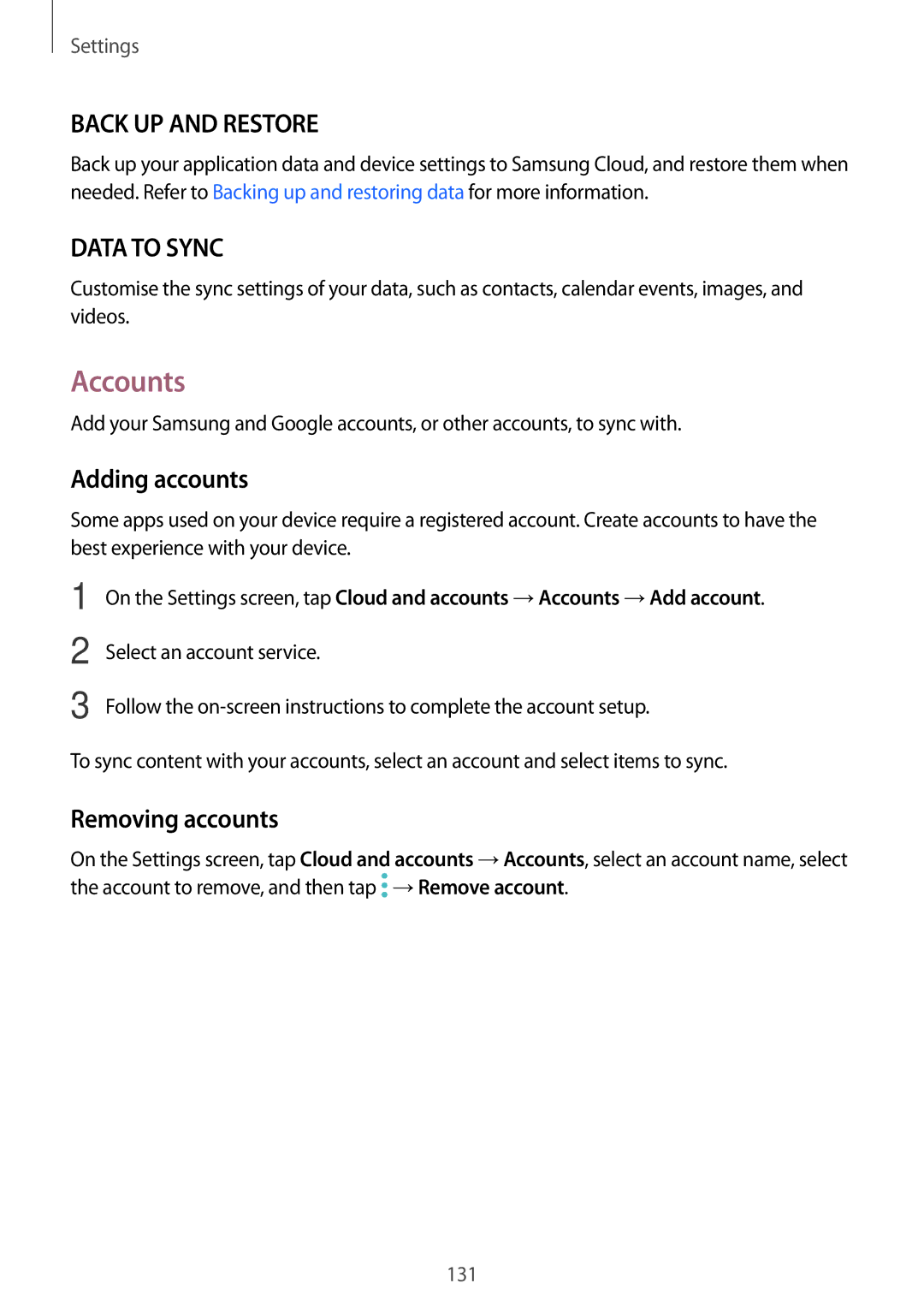 Samsung SM-J530FZKATCL, SM-J530FZDATCL, SM-J530FZSAEUR, SM-J530FZSADDE manual Accounts, Adding accounts, Removing accounts 