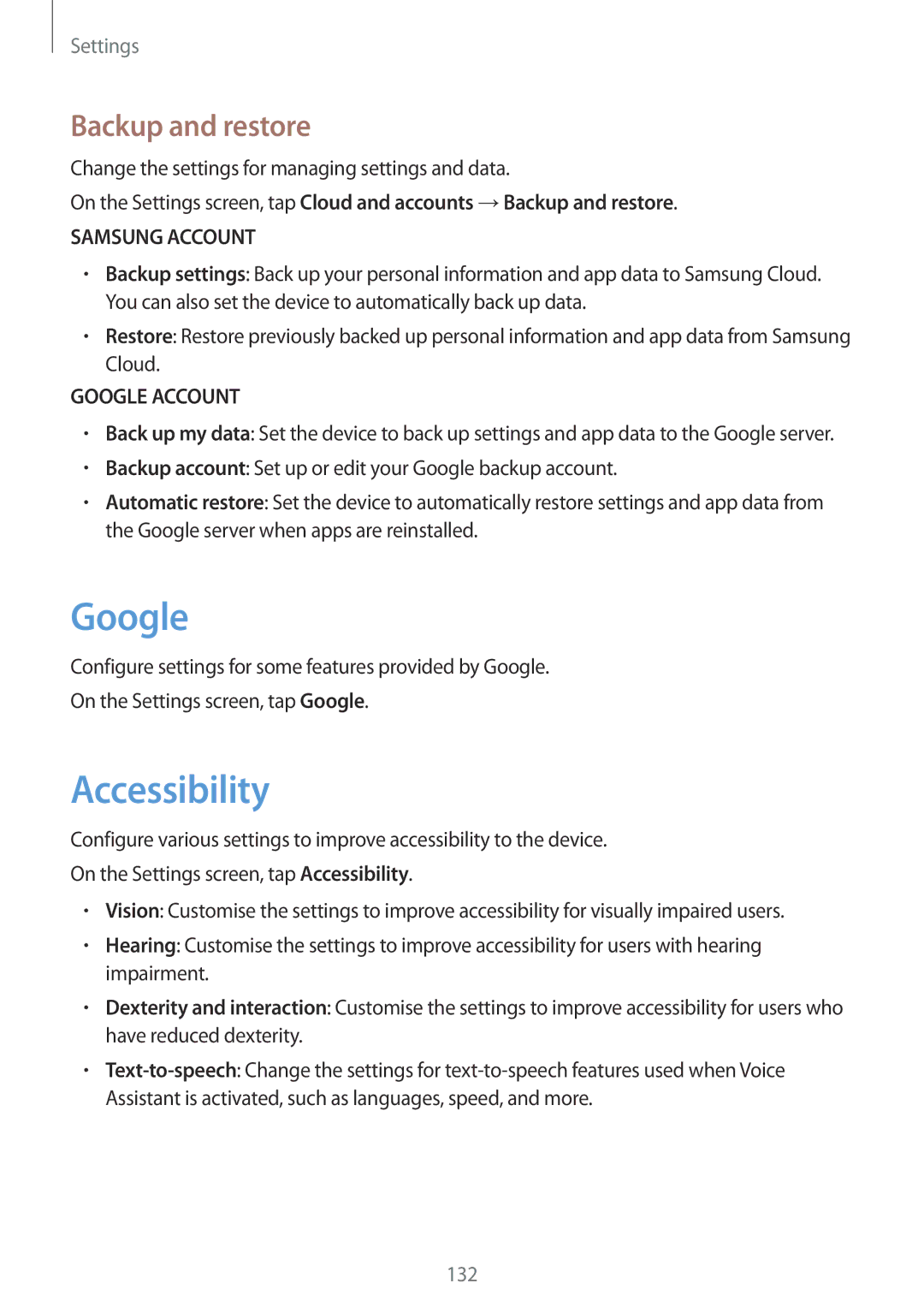 Samsung SM-J530FZKAVD2, SM-J530FZDATCL, SM-J530FZSAEUR, SM-J530FZSADDE manual Google, Accessibility, Backup and restore 