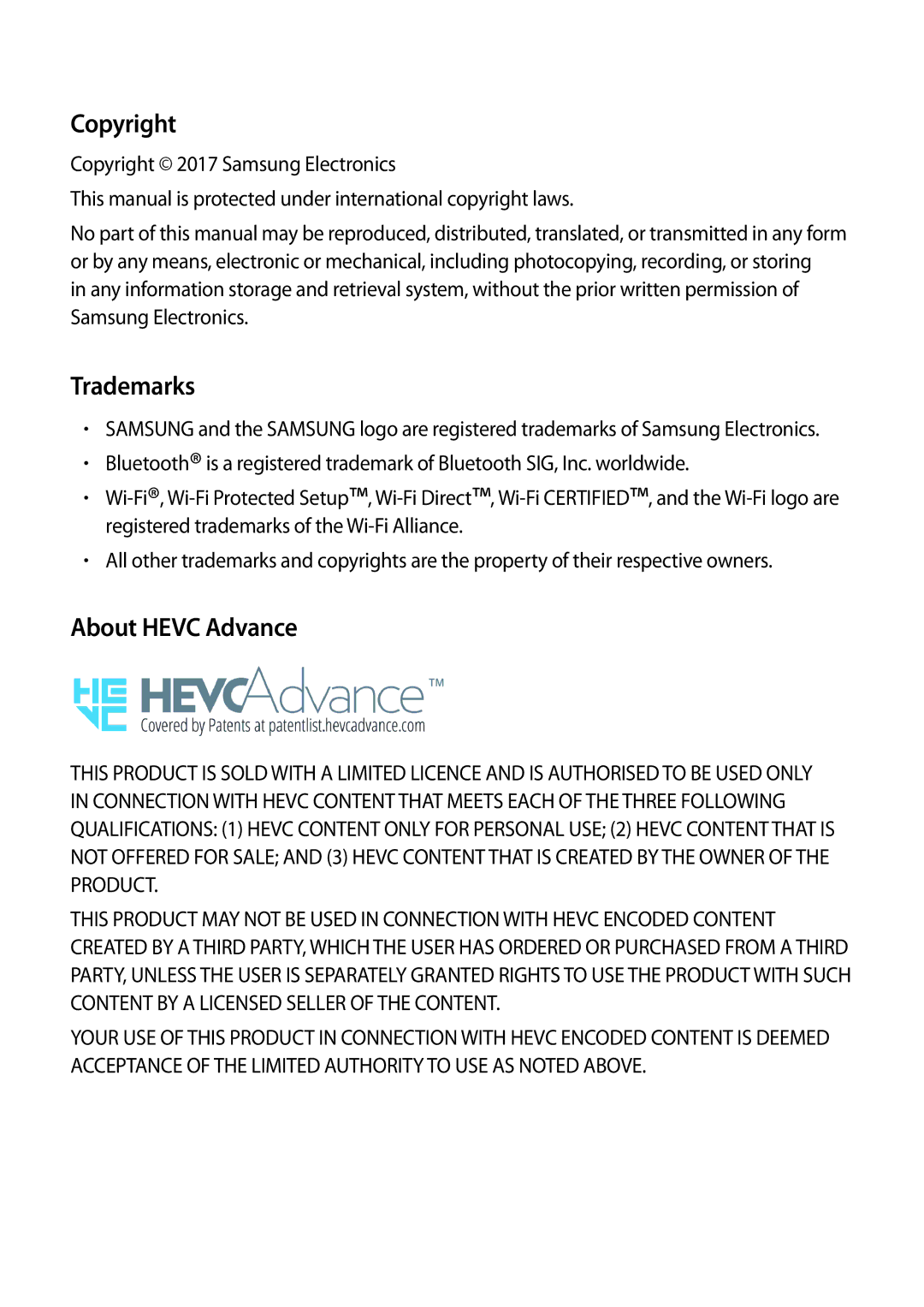 Samsung SM-J530FZSAXEF, SM-J530FZDATCL, SM-J530FZSAEUR, SM-J530FZSADDE manual Copyright, Trademarks, About Hevc Advance 
