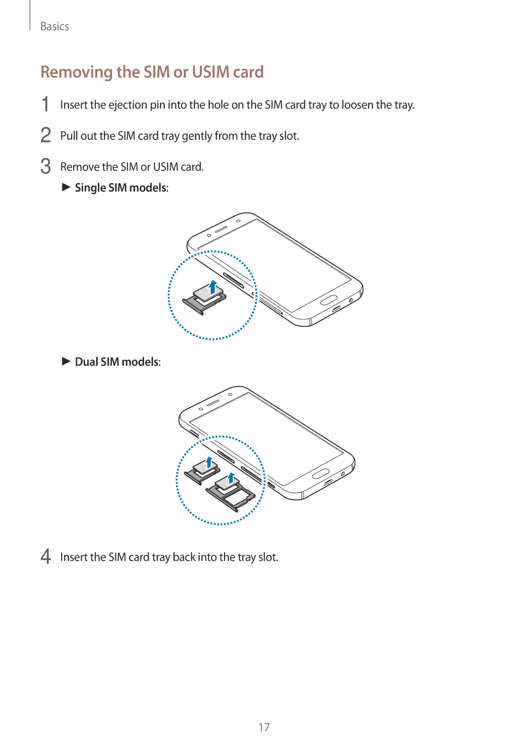 Samsung SM-J530FZKAVD2, SM-J530FZDATCL, SM-J530FZSAEUR Removing the SIM or Usim card, Single SIM models Dual SIM models 