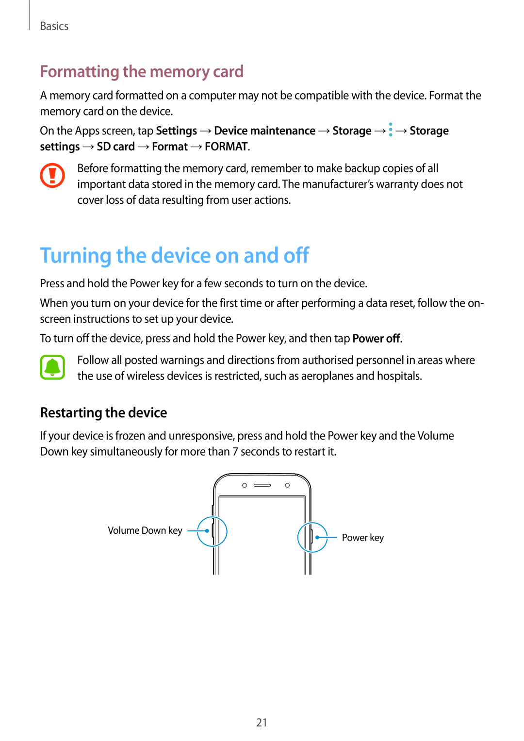 Samsung SM-J530FZKABOG, SM-J530FZDATCL Turning the device on and off, Formatting the memory card, Restarting the device 