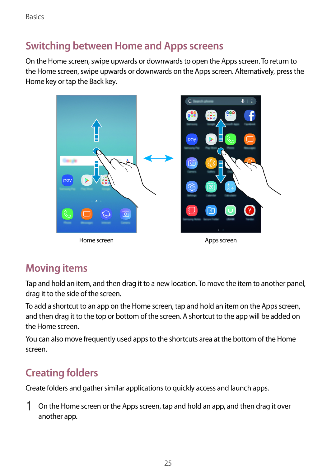 Samsung SM-J730FZSDXEF, SM-J530FZDATCL manual Switching between Home and Apps screens, Moving items, Creating folders 