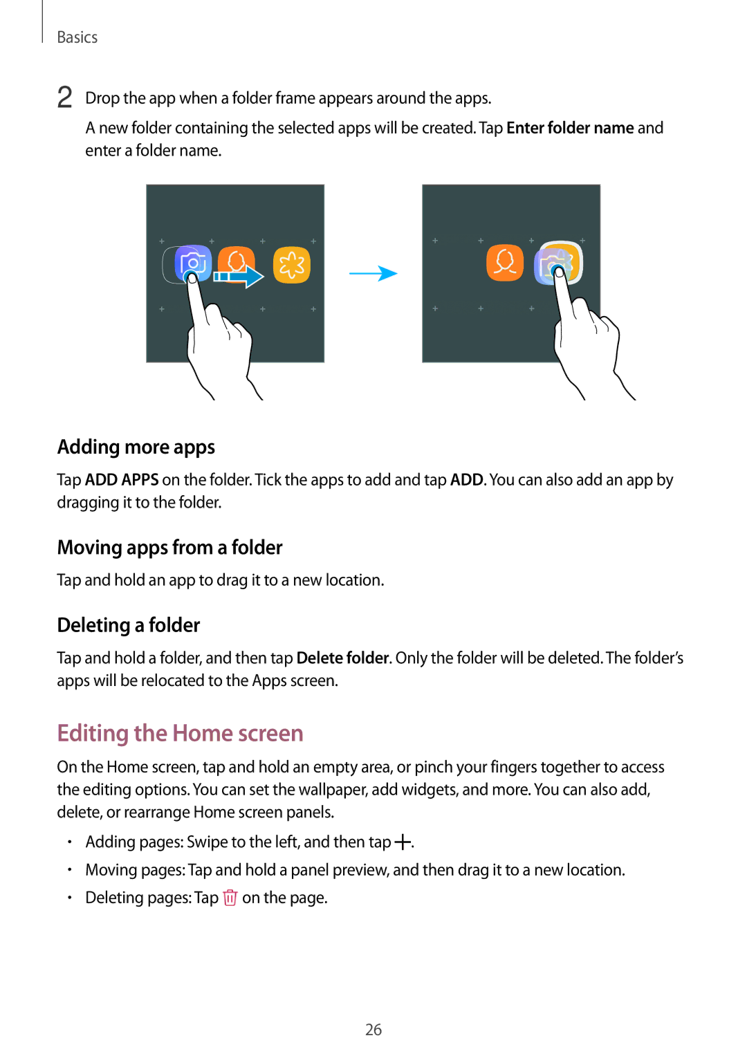 Samsung SM-J530FZSAXEF manual Editing the Home screen, Adding more apps, Moving apps from a folder, Deleting a folder 