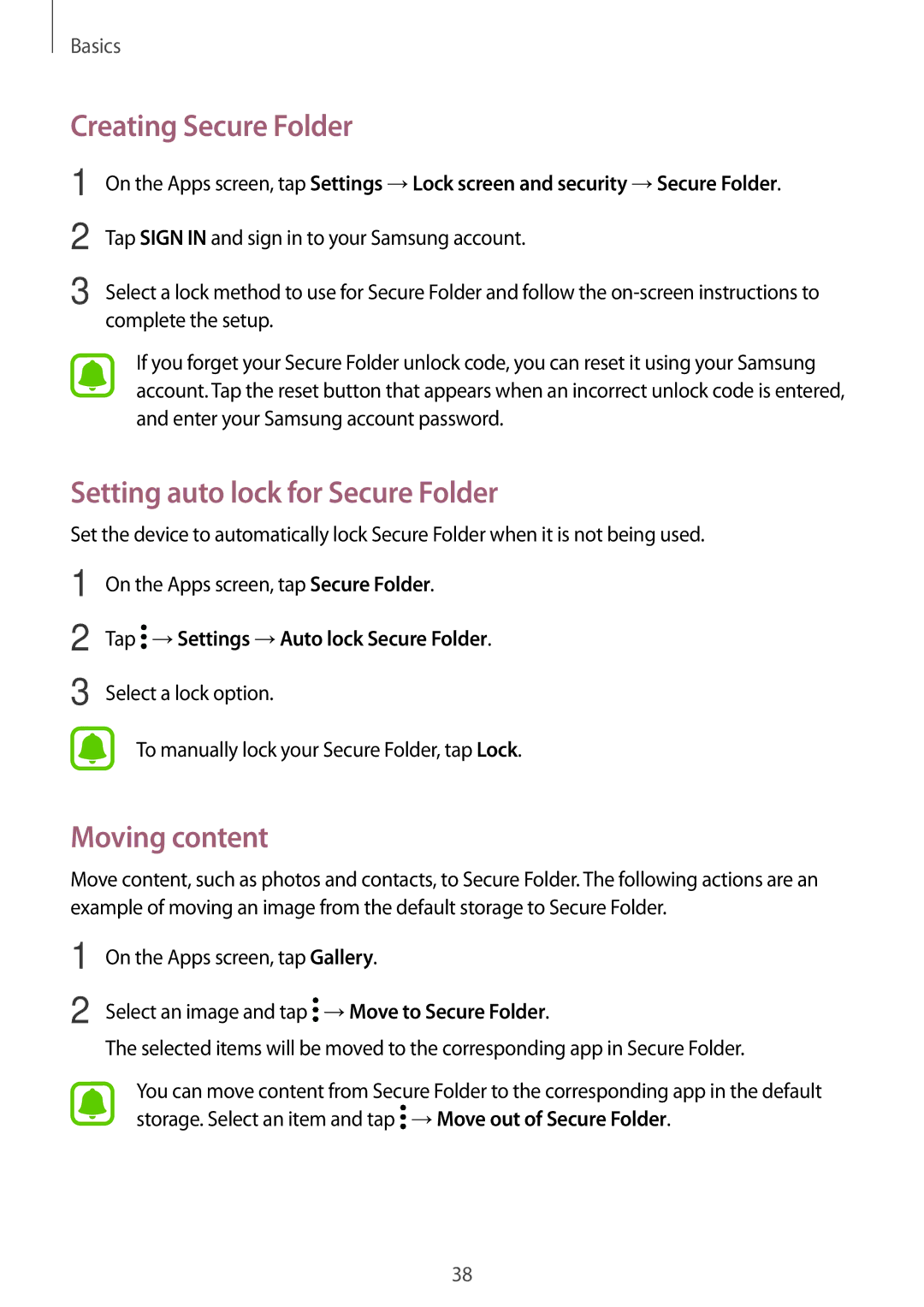 Samsung SM-J530FZSDITV, SM-J530FZDATCL manual Creating Secure Folder, Setting auto lock for Secure Folder, Moving content 
