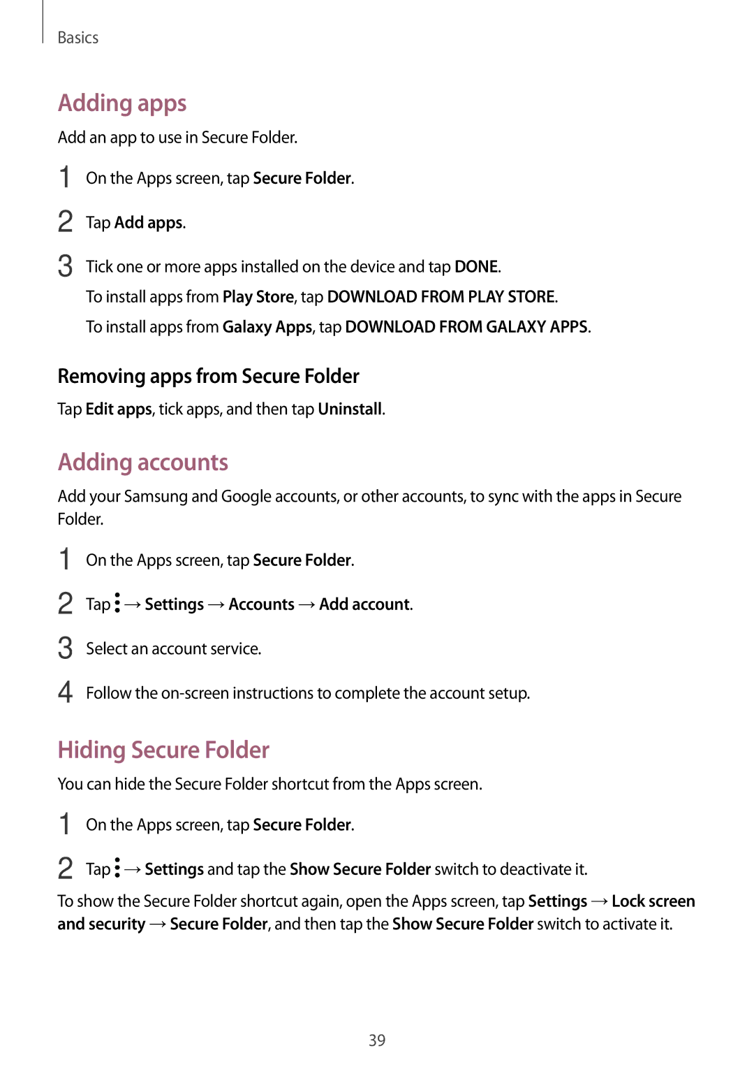 Samsung SM-J530FZSAITV manual Adding apps, Adding accounts, Hiding Secure Folder, Removing apps from Secure Folder 