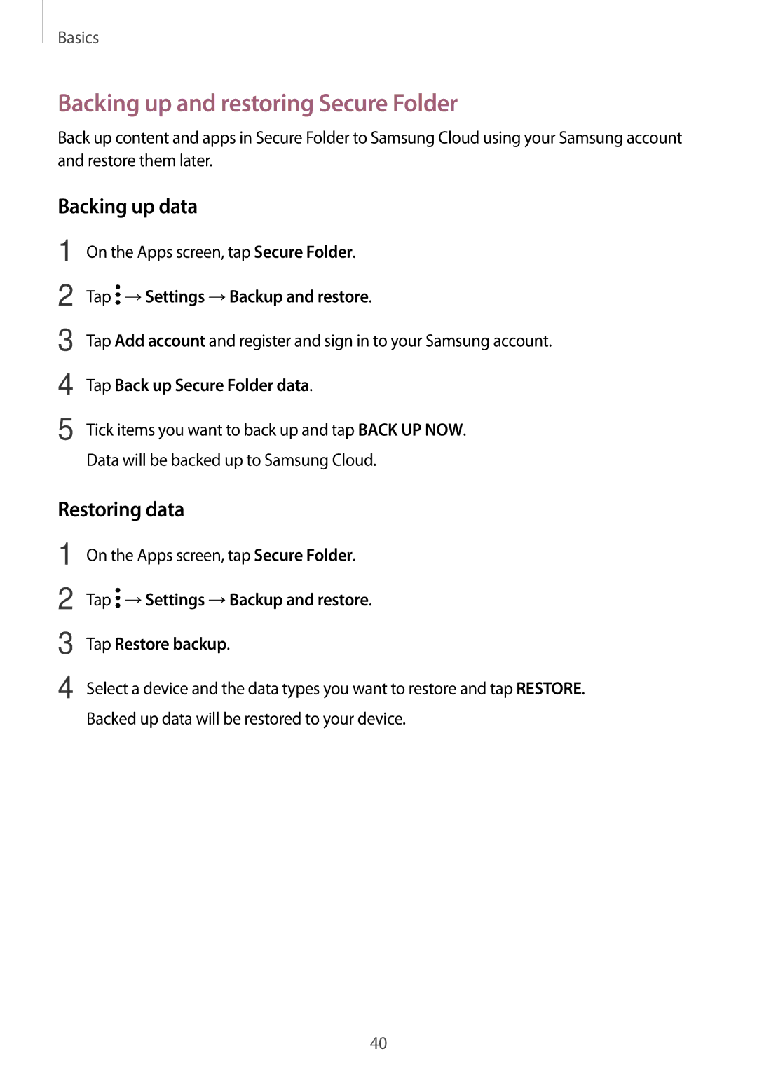 Samsung SM-J530FZDAITV, SM-J530FZDATCL manual Backing up and restoring Secure Folder, Backing up data, Restoring data 