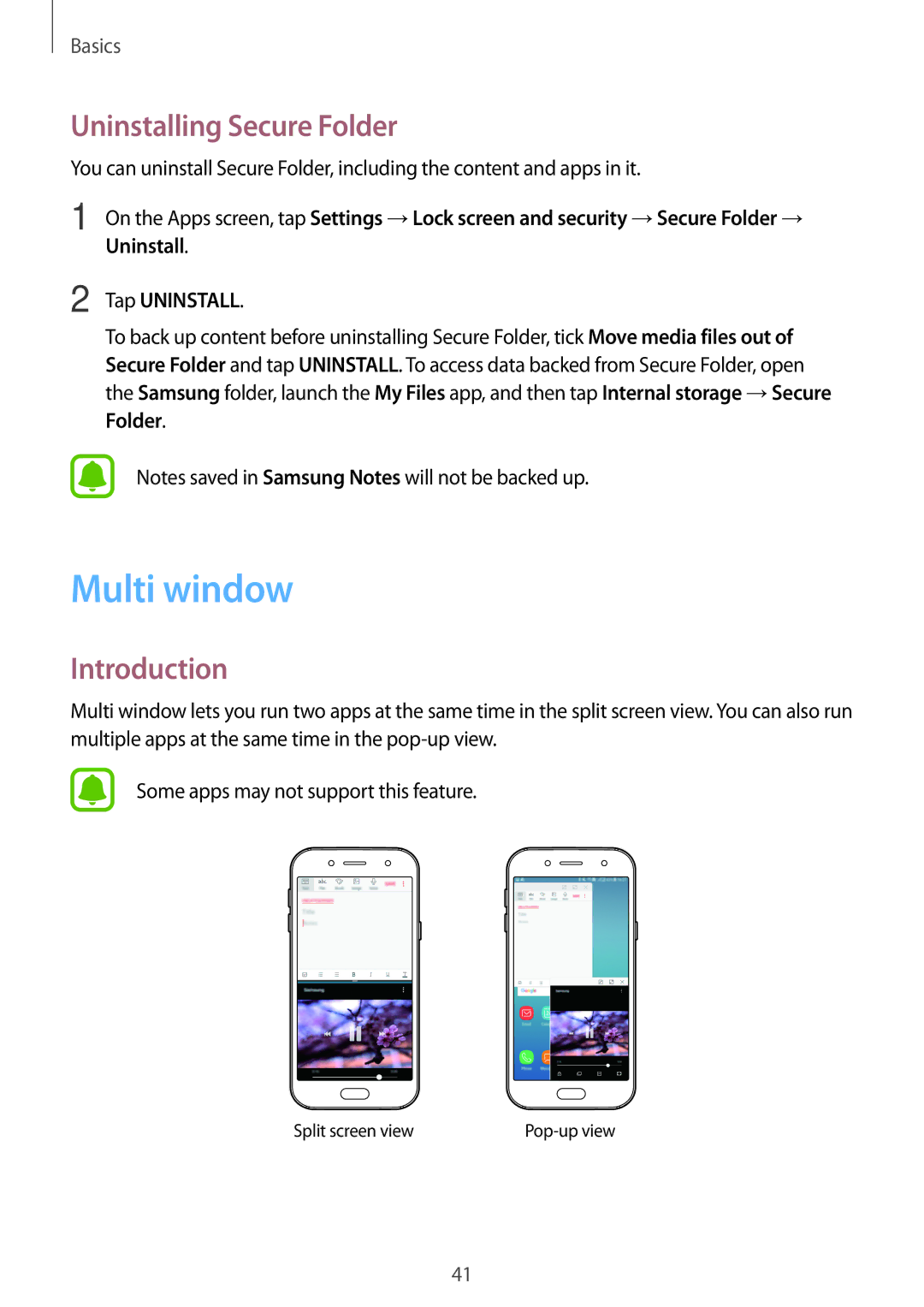 Samsung SM-J730FZSATUR, SM-J530FZDATCL, SM-J530FZSAEUR, SM-J530FZSADDE manual Multi window, Uninstalling Secure Folder 