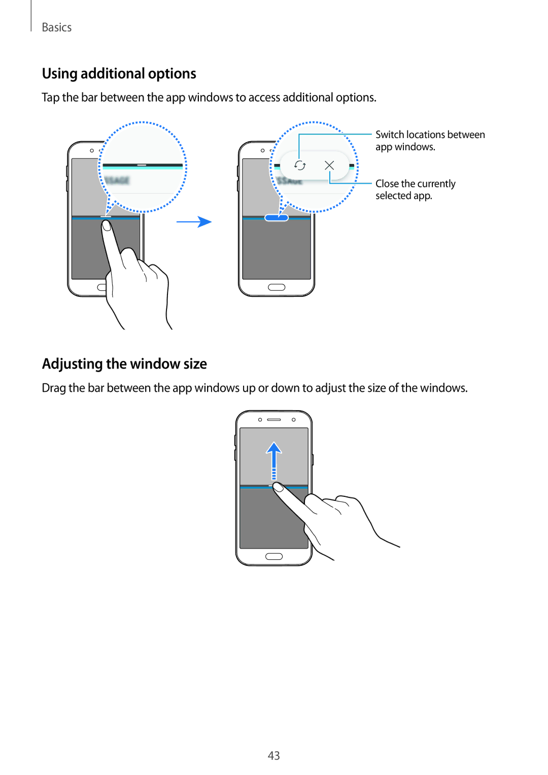 Samsung SM-J730FZKETUR, SM-J530FZDATCL, SM-J530FZSAEUR, SM-J530FZSADDE Using additional options, Adjusting the window size 