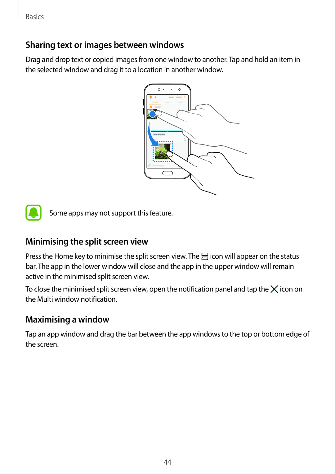 Samsung SM-J730FZKAITV manual Sharing text or images between windows, Minimising the split screen view, Maximising a window 