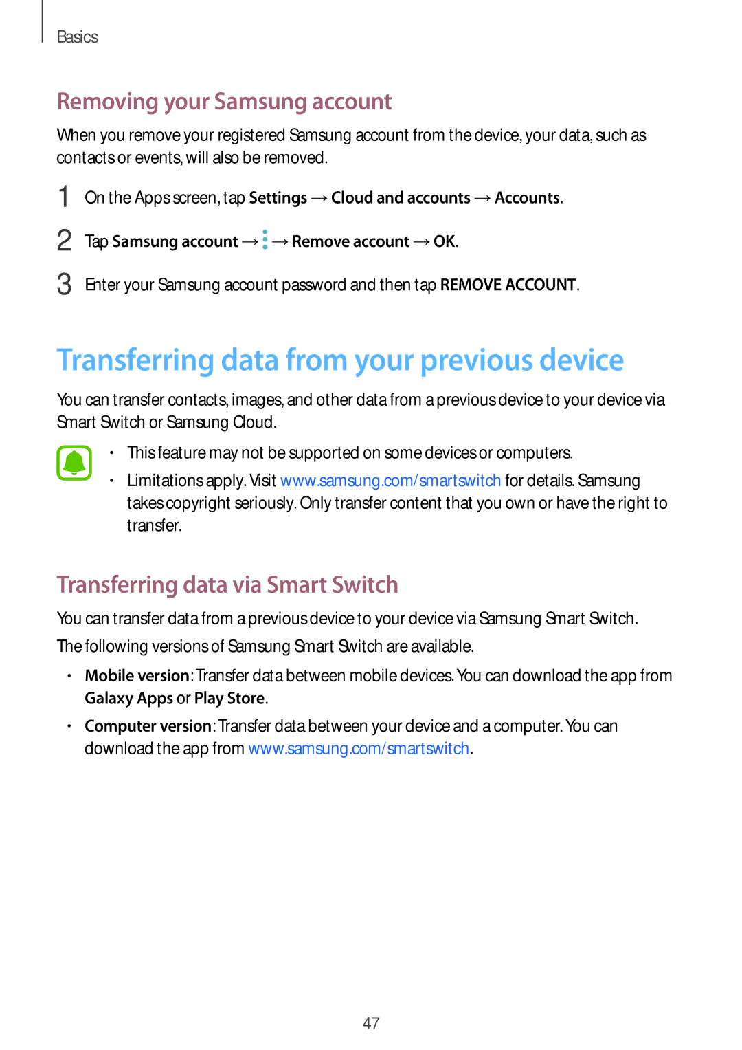 Samsung SM-J730FZSDPHE, SM-J530FZDATCL manual Transferring data from your previous device, Removing your Samsung account 