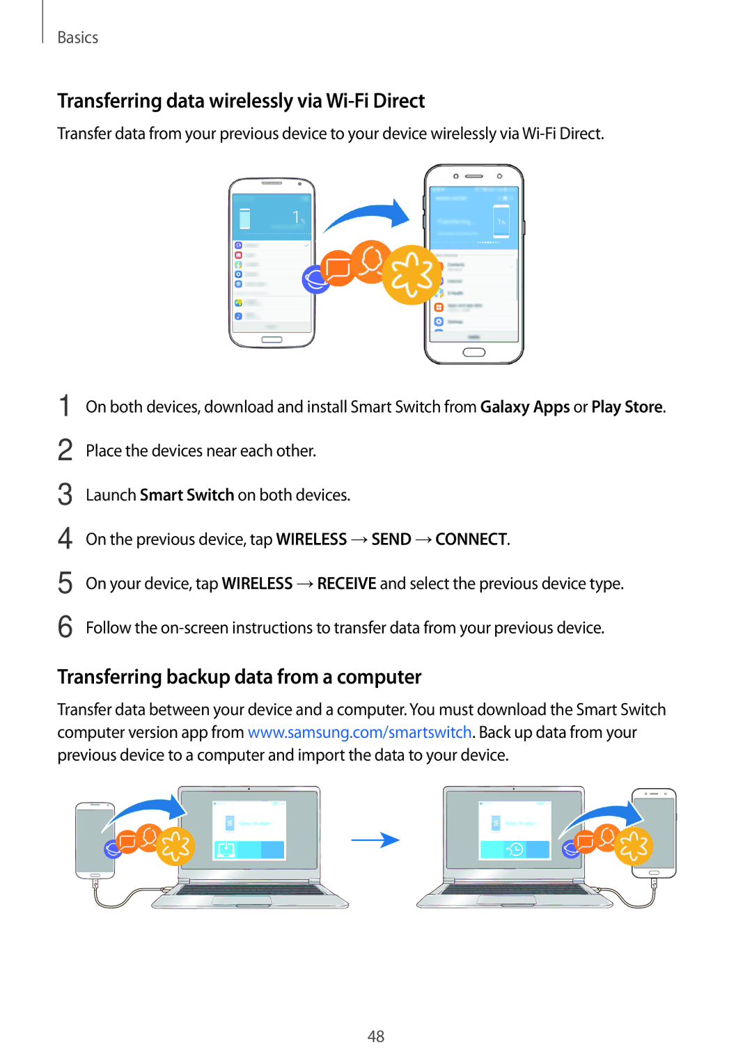 Samsung SM-J530FZKDPHE manual Transferring data wirelessly via Wi-Fi Direct, Transferring backup data from a computer 