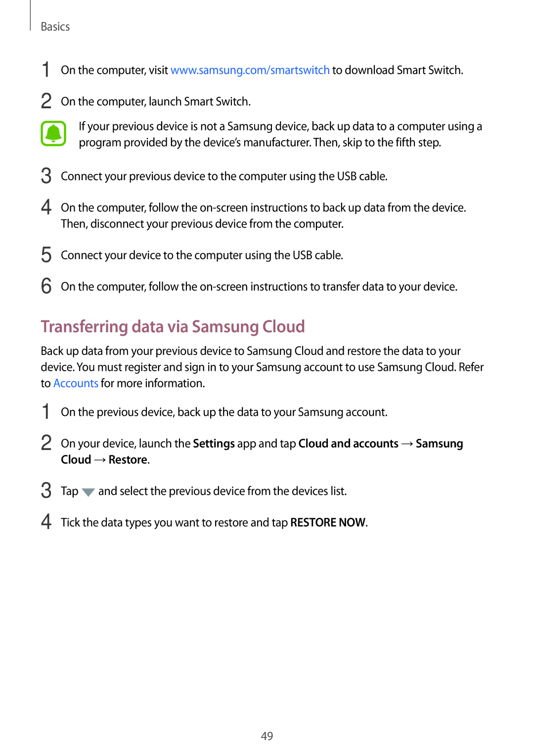 Samsung SM-J530FZKAATL, SM-J530FZDATCL manual Transferring data via Samsung Cloud, On the computer, launch Smart Switch 