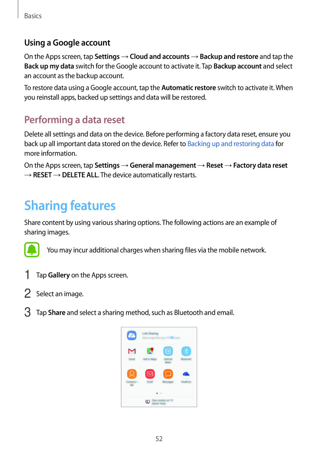 Samsung SM-J730FZKDPHE, SM-J530FZDATCL, SM-J530FZSAEUR Sharing features, Performing a data reset, Using a Google account 