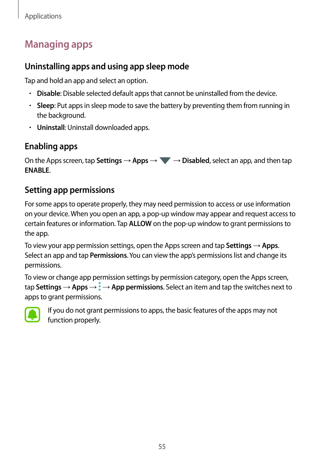 Samsung SM-J730FZDDKSA Managing apps, Uninstalling apps and using app sleep mode, Enabling apps, Setting app permissions 
