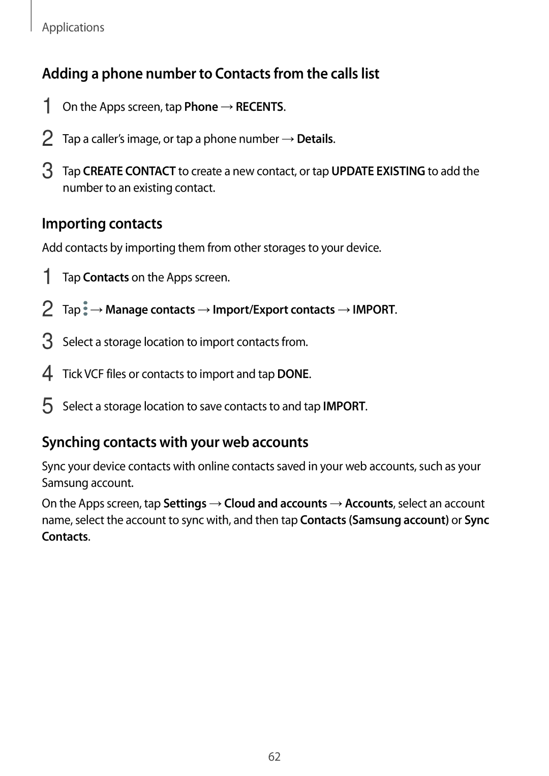 Samsung SM-J530FZDABGL, SM-J530FZDATCL manual Adding a phone number to Contacts from the calls list, Importing contacts 