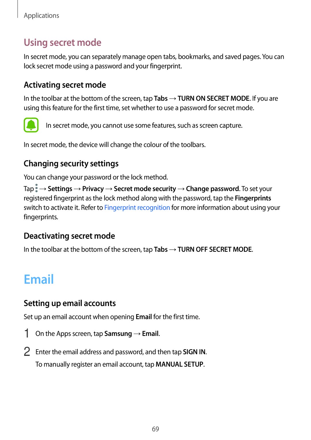 Samsung SM-J730FZKDETL Using secret mode, Activating secret mode, Changing security settings, Deactivating secret mode 