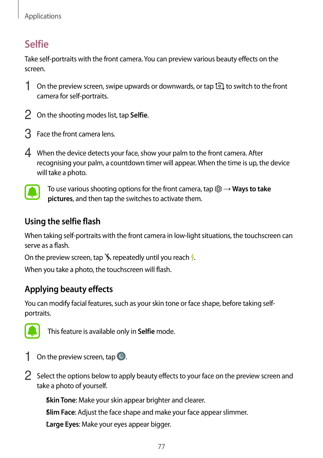 Samsung SM-J730FZSDETL, SM-J530FZDATCL, SM-J530FZSAEUR manual Selfie, Using the selfie flash, Applying beauty effects 