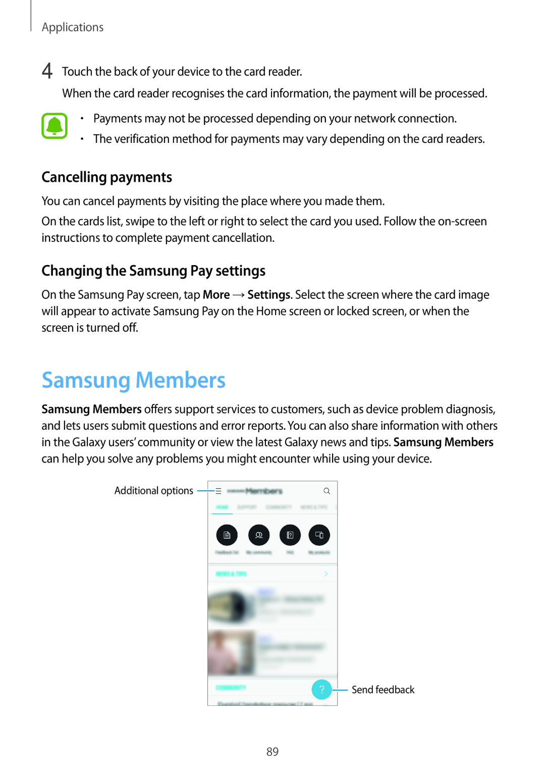 Samsung SM-J730FZDDSEB, SM-J530FZDATCL manual Samsung Members, Cancelling payments, Changing the Samsung Pay settings 