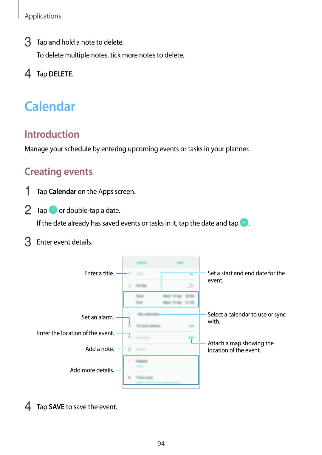 Samsung SM-J730FZKDEUR, SM-J530FZDATCL, SM-J530FZSAEUR, SM-J530FZSADDE, SM-J530FZKAEUR manual Calendar, Creating events 