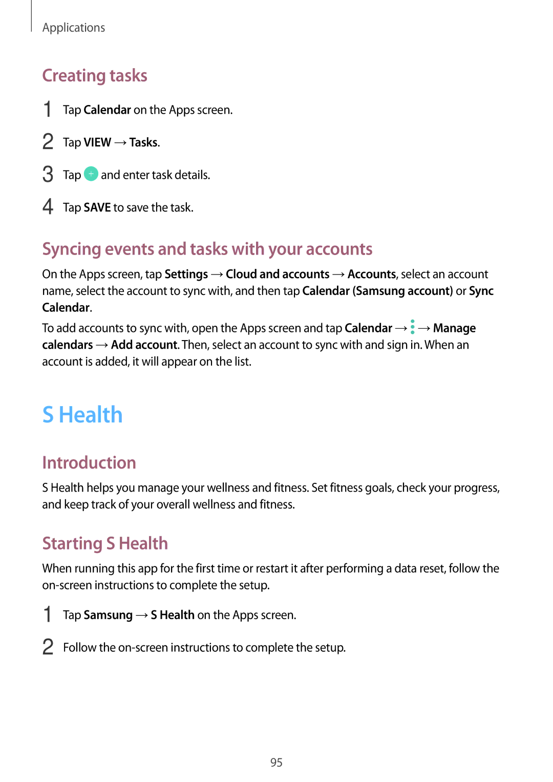 Samsung SM-J530FZSACYV Creating tasks, Syncing events and tasks with your accounts, Starting S Health, Tap View →Tasks 