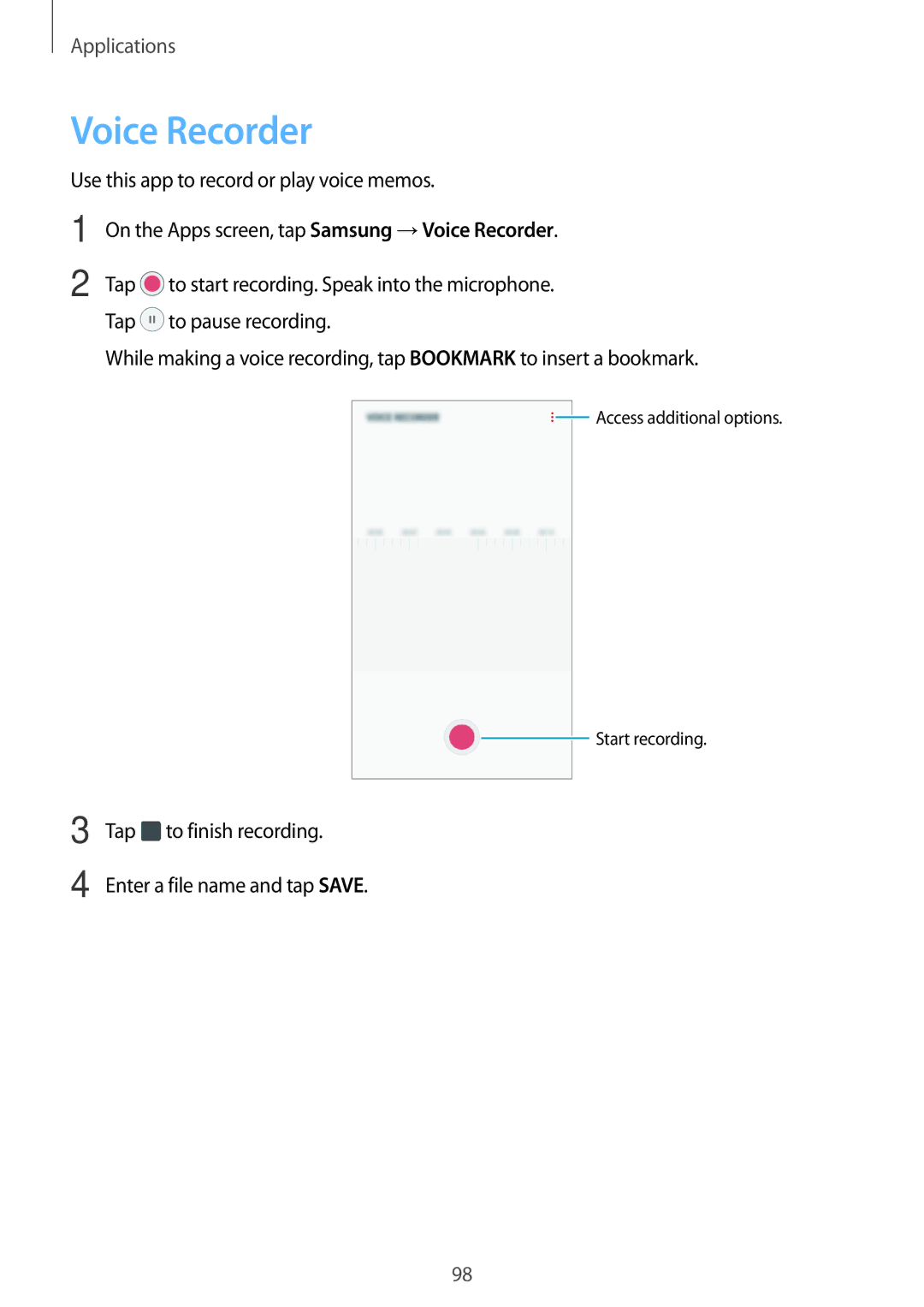 Samsung SM-J730FZDDSEE, SM-J530FZDATCL, SM-J530FZSAEUR, SM-J530FZSADDE, SM-J530FZKAEUR, SM2J530FZKADDE manual Voice Recorder 