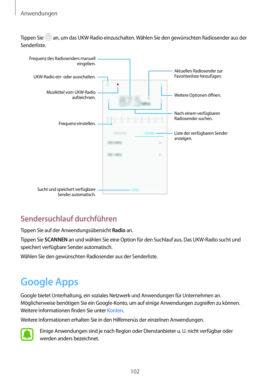 Samsung SM-J530FZSADDE, SM-J530FZDATCL, SM-J530FZSAEUR, SM-J530FZKAEUR manual Google Apps, Sendersuchlauf durchführen 