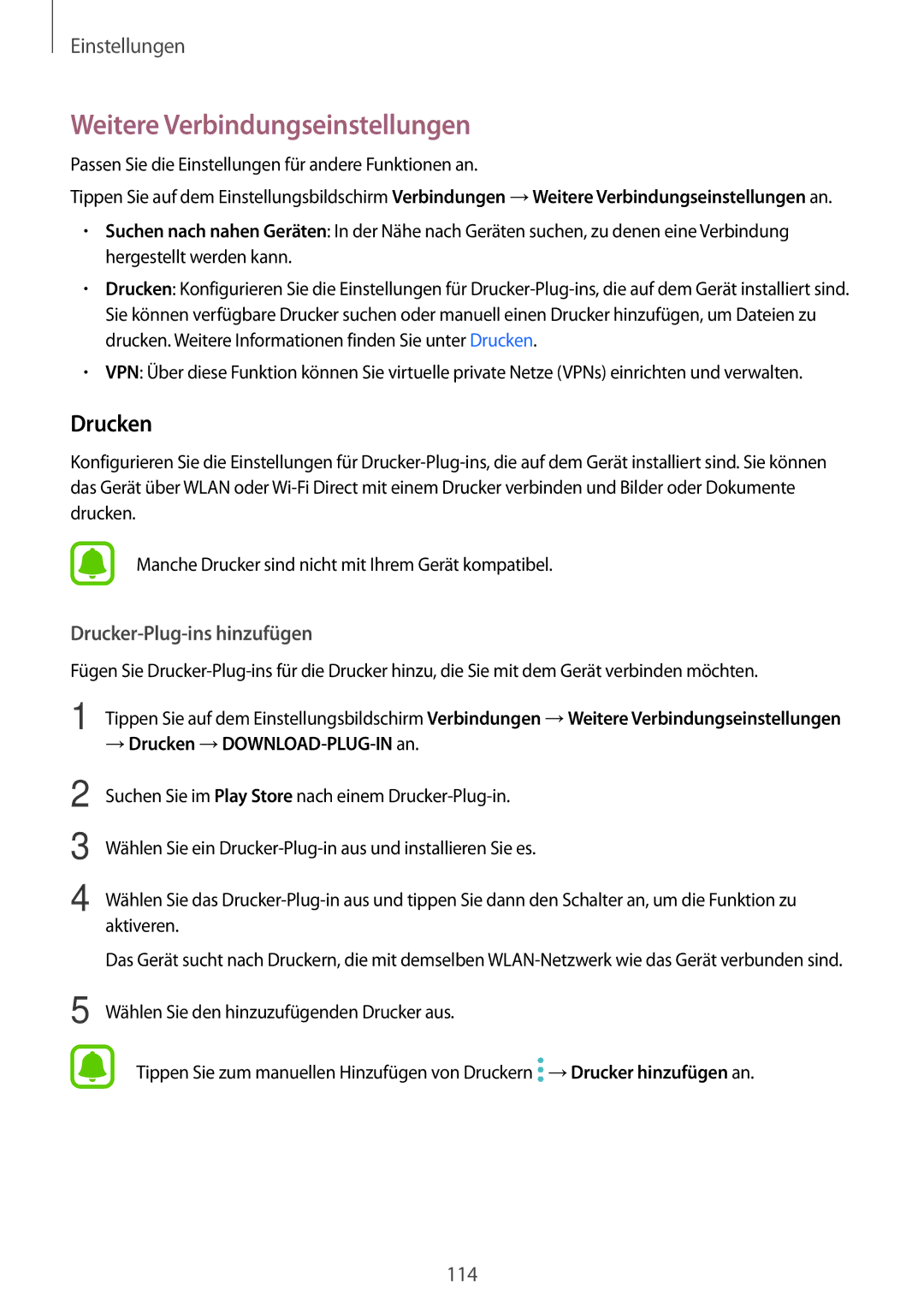 Samsung SM-J530FZDDDBT, SM-J530FZDATCL manual Weitere Verbindungseinstellungen, → Drucken → DOWNLOAD-PLUG-IN an 