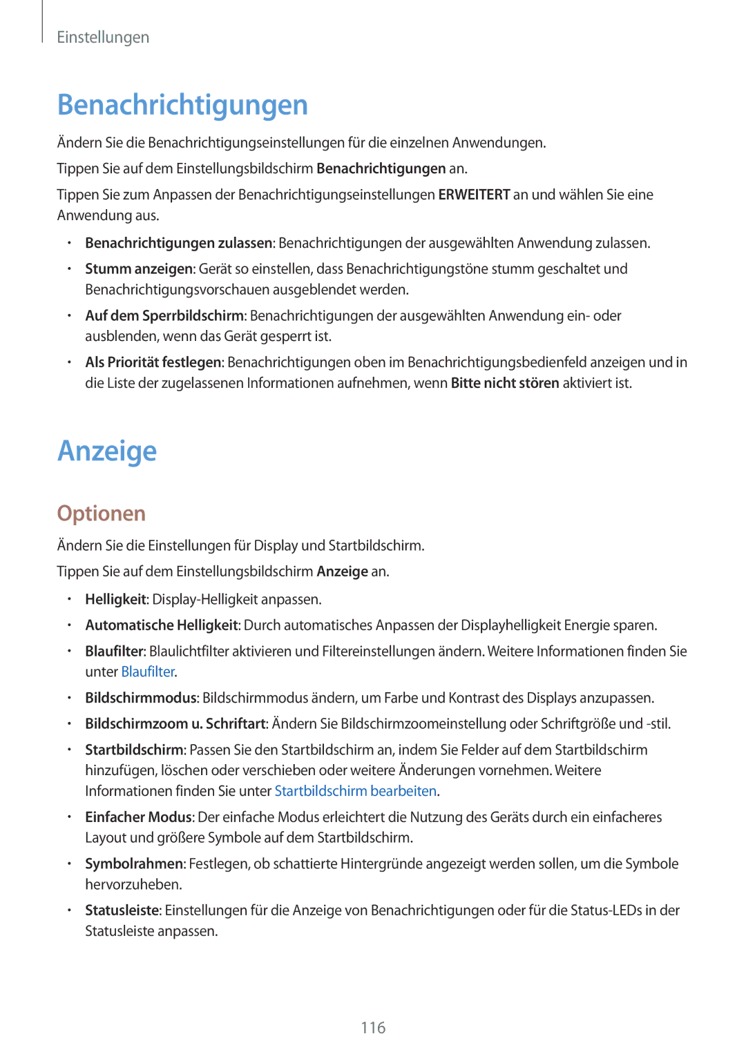 Samsung SM-J530FZKATCL, SM-J530FZDATCL, SM-J530FZSAEUR, SM-J530FZSADDE, SM-J530FZKAEUR Benachrichtigungen, Anzeige, Optionen 