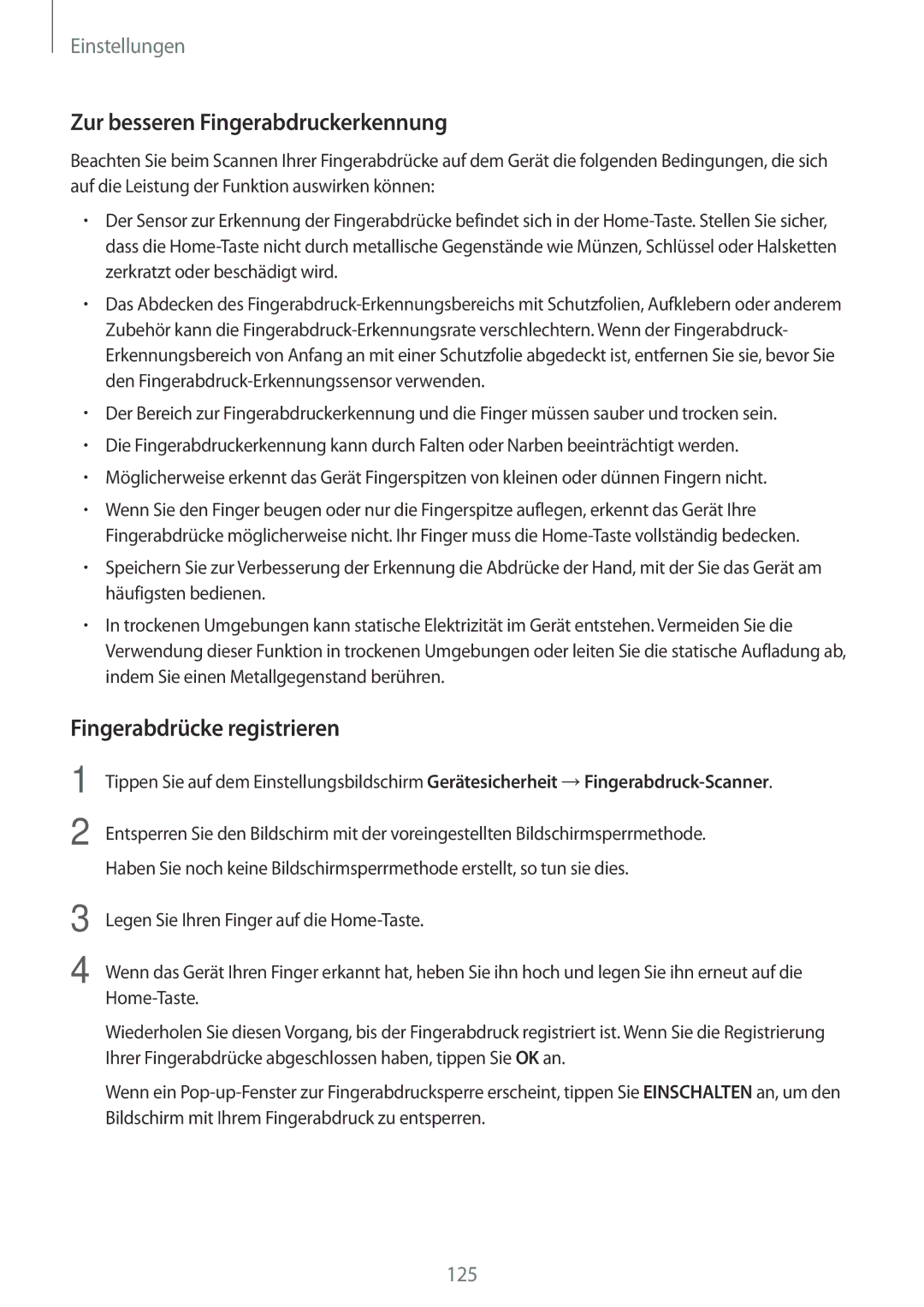 Samsung SM-J530FZDATCL, SM-J530FZSAEUR, SM-J530FZSADDE Zur besseren Fingerabdruckerkennung, Fingerabdrücke registrieren 