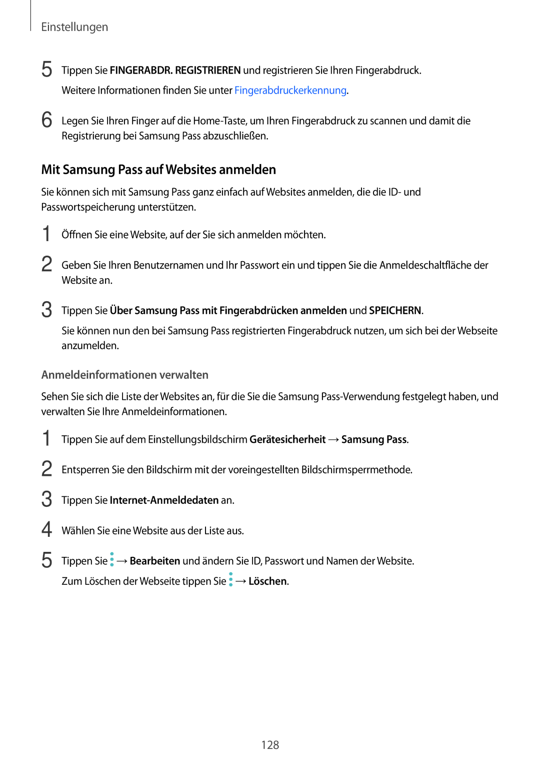 Samsung SM-J530FZKAEUR, SM-J530FZDATCL manual Mit Samsung Pass auf Websites anmelden, Tippen Sie Internet-Anmeldedaten an 